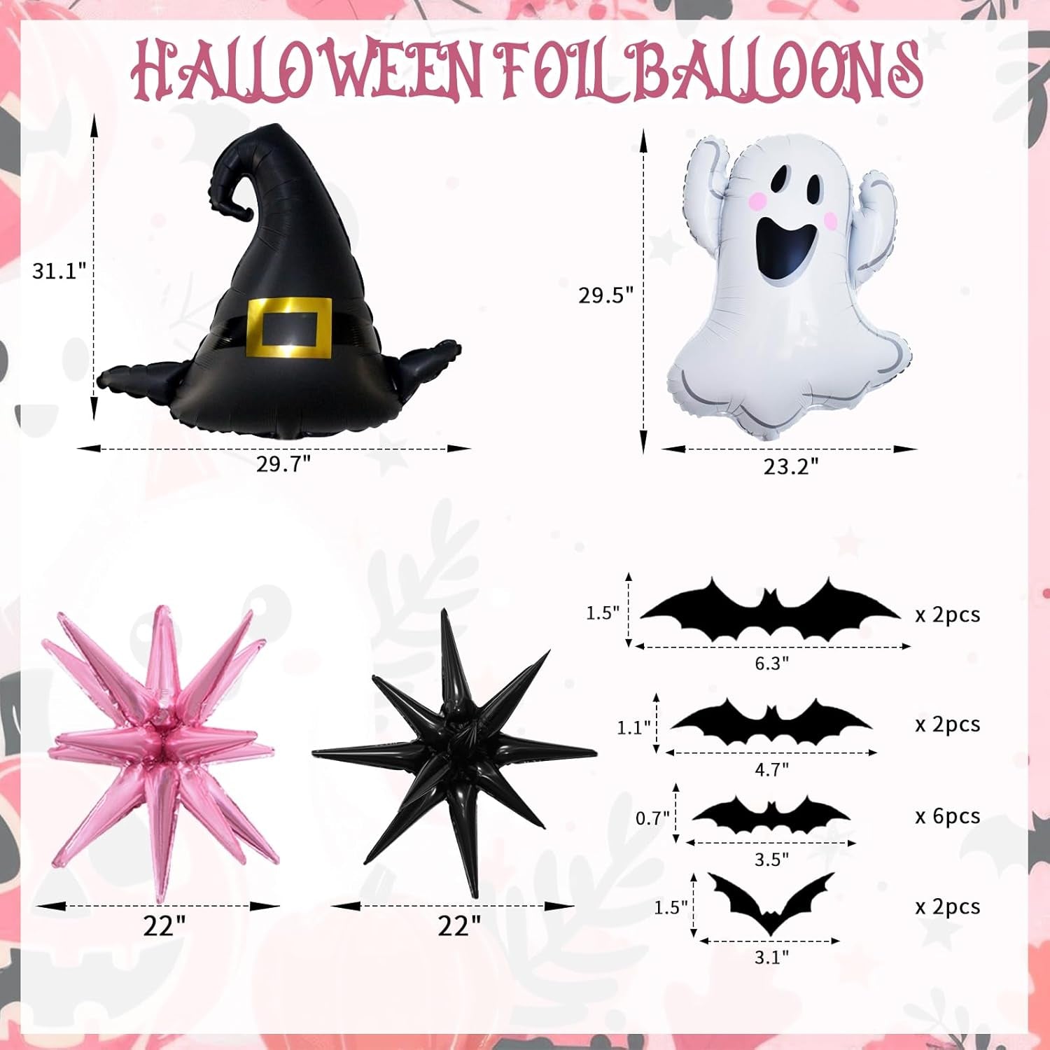 Pink Halloween Balloon Garland Arch Kit, 176Pcs Pink Purple Decor with Ghost Spooky Starburst Foil Balloons, Bat Stickers for Birthday Baby Shower Party Decorations for Girls