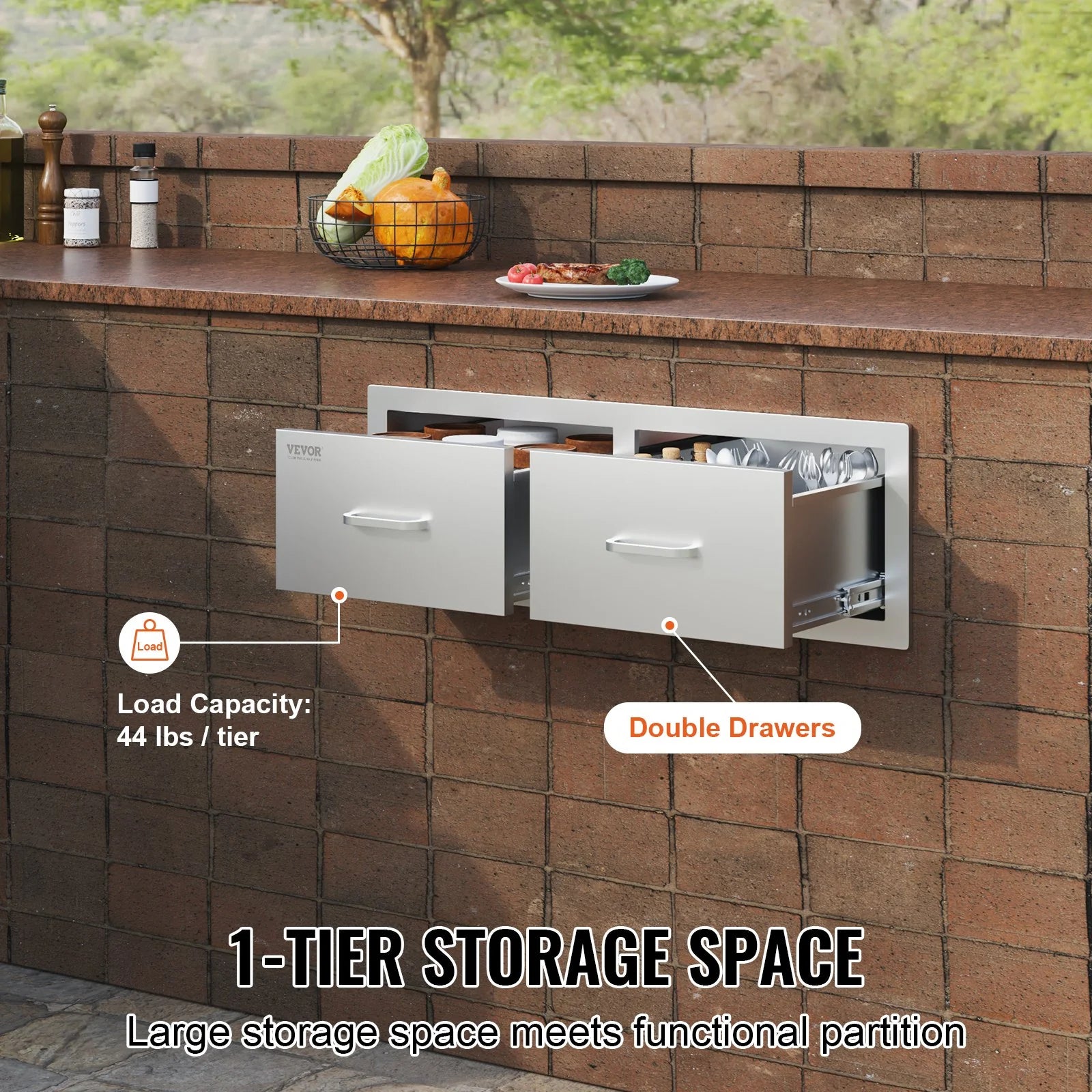 VEVOR Outdoor Kitchen Drawers 30 W X 10 H X 20 D, Horizontal Double BBQ Access Drawers Stainless Steel with Handle, BBQ Island Drawers for Outdoor Kitchens or Patio Grill Station