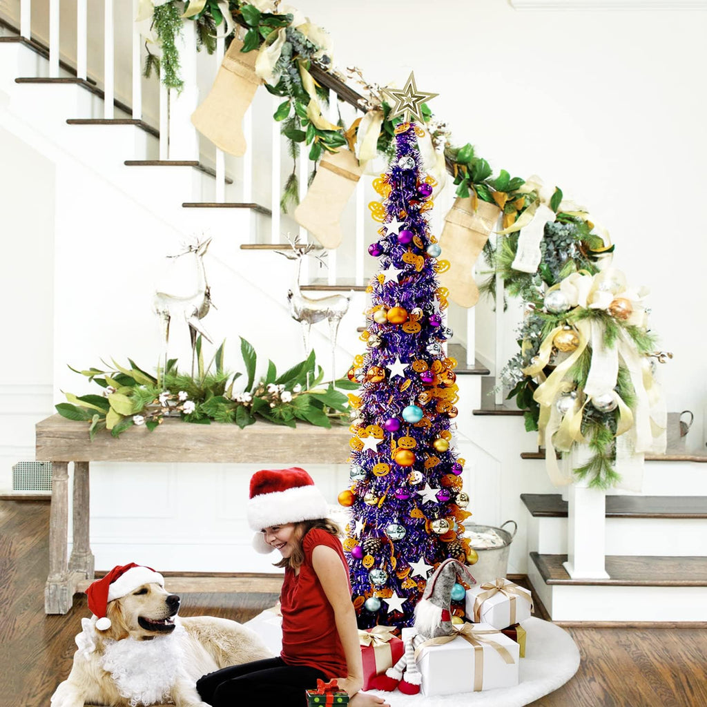 5' Purple Tinsel Pop-Up Artificial Halloween Christmas Tree, Decoracted Halloween Pumpkin Sequins,Collapsible Pencil Halloween Christmas Trees for Halloween Christmas Decoration