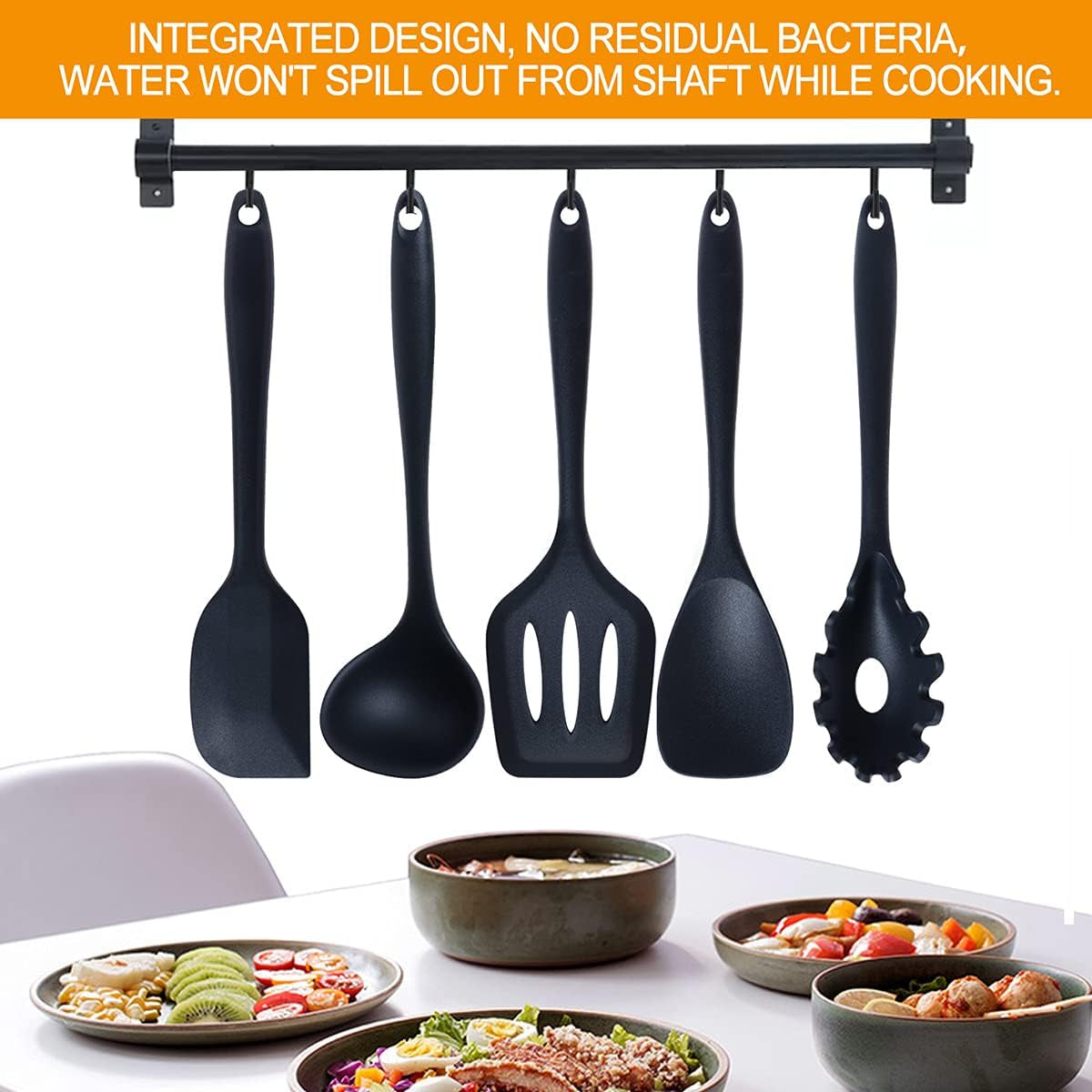 Silicone Cooking Utensils Set， Seamless 10 Pcs Series Black Kitchen Untensils Set without Holder Heat Resistant BPA Free, Silicon Spatula Kitchen Utensils