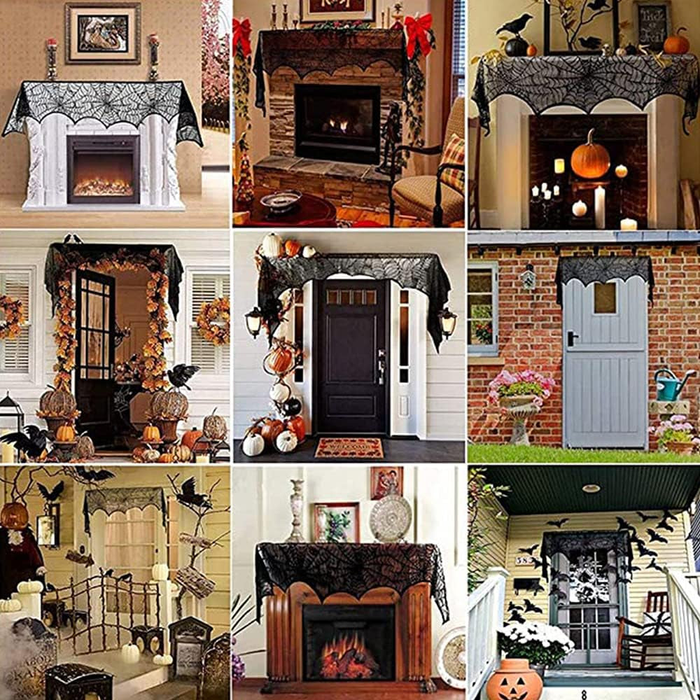 4 Pack Halloween Decorations Tablecloth Runner Black Lace round Spider Cobweb Table Cover Fireplace Mantel Scarf Spiderweb with 60 Pcs 3D PVC Scary Black Bat Sticker Halloween Party Supplies