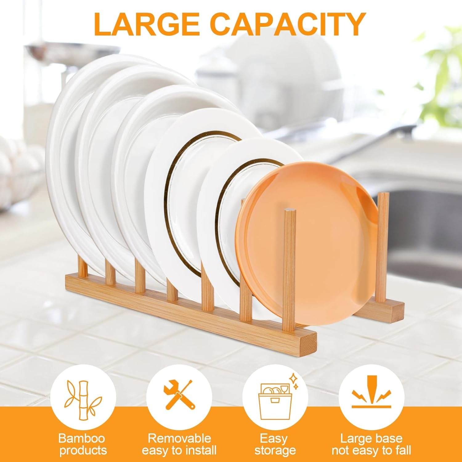 Bamboo Wooden Dish Racks Plate Stand Holder Vertical Drainer Kitchen Cabinet Organizer for Dish, Pots, Lids, Bowls, Cups, and Cutting Boards and Books(2 Packs)