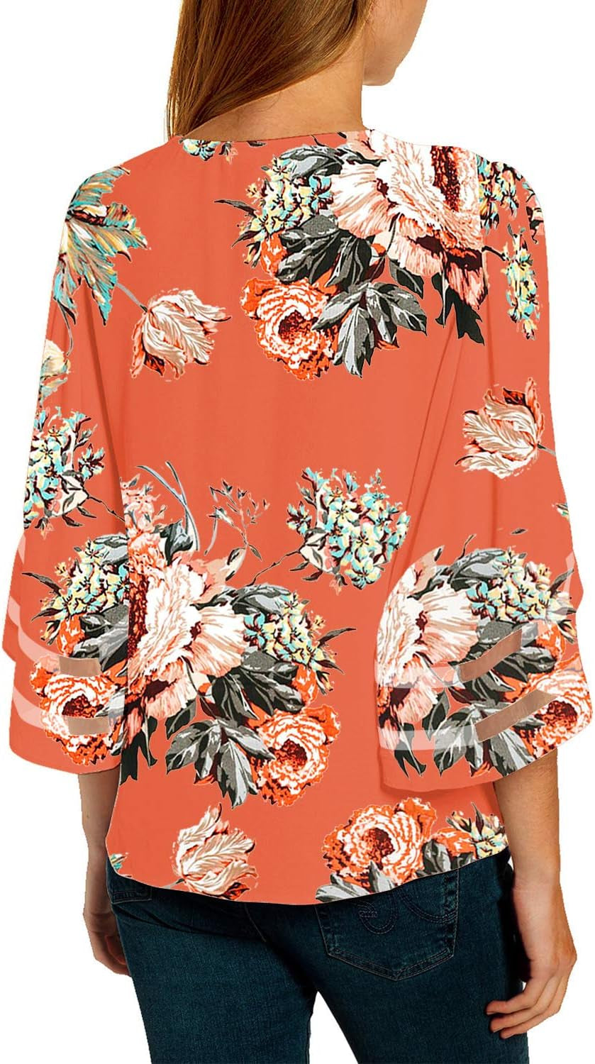 Women'S Casual V Neck Blouse 3/4 Bell Sleeve Mesh Panel Shirts Loose Top