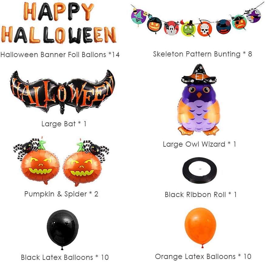 Halloween Party Decorations Include Happy Halloween Banner, Skeleton Pattern Bunting, Latex Balloons, Aluminum Foil Balloons, Bat Pumpkin Spider and Owl Wizard (47Pcs)
