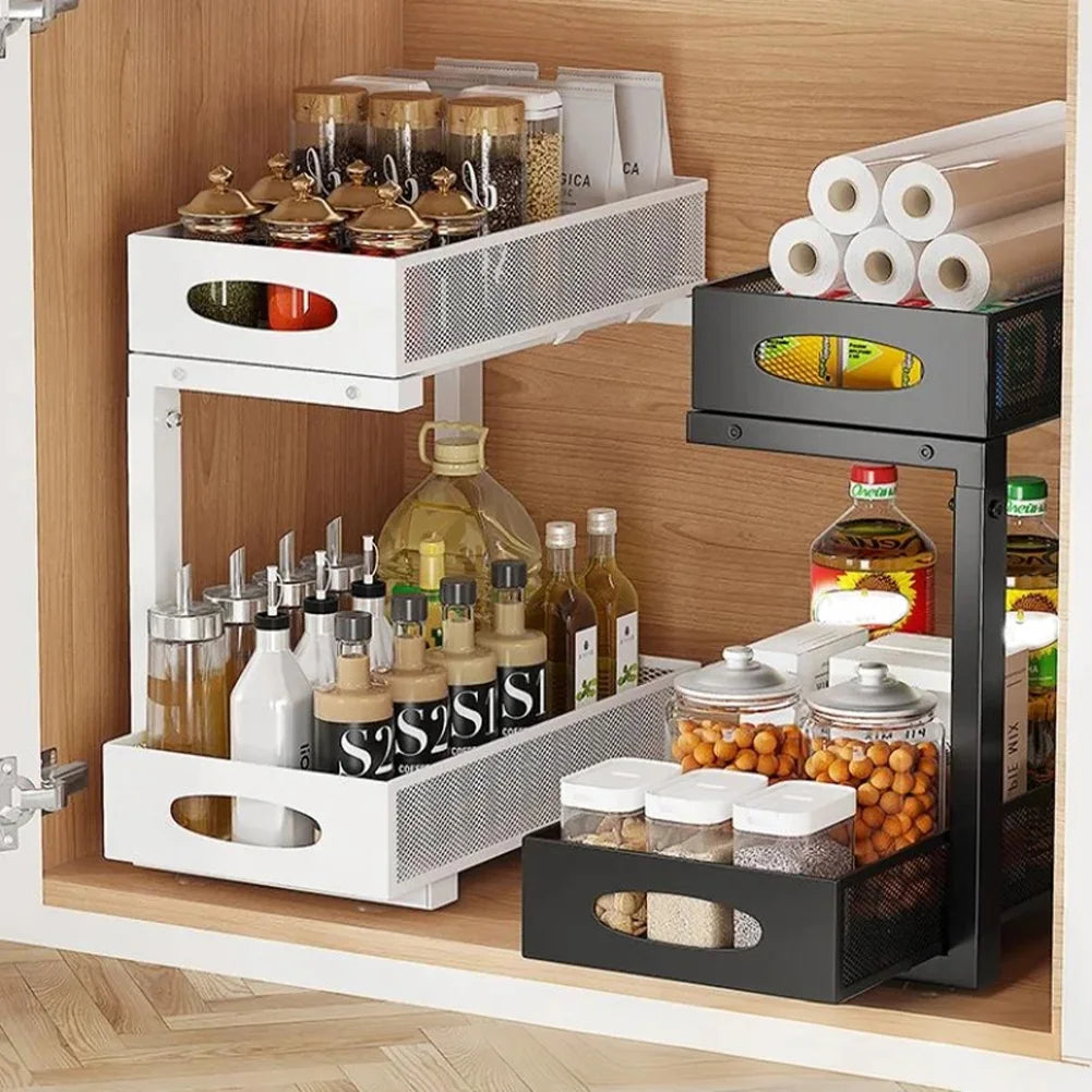 2 Layers Carbon Steel under Sink Storage Pull-Out Drawer Shelf Double-Layer Adjustable under Sink Storage Rack for Layered