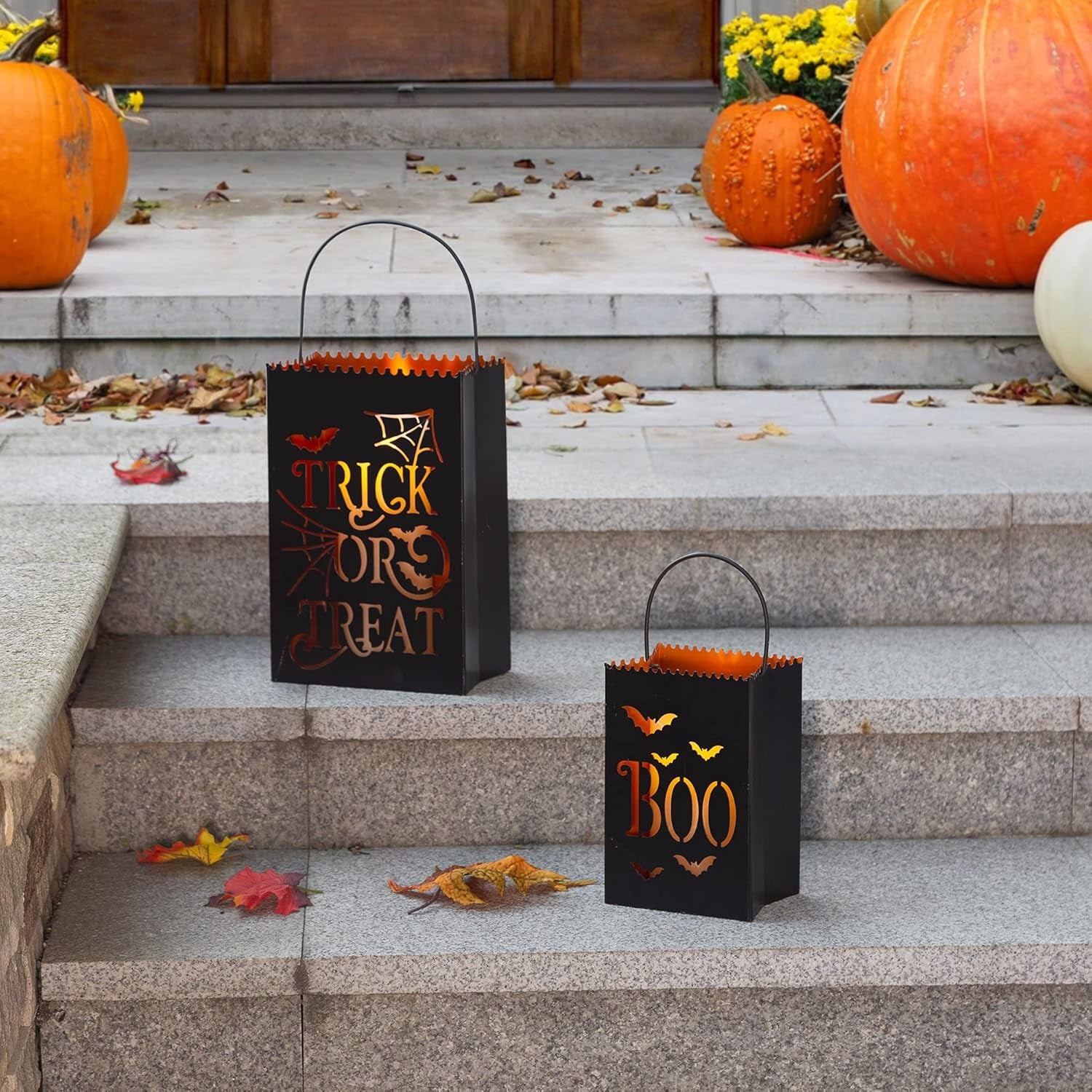 2 Pack Halloween Metal Trick or Treat Bucket, Halloween Decorative Lantern Candle Holder Table Ornament for Porch Sign Home