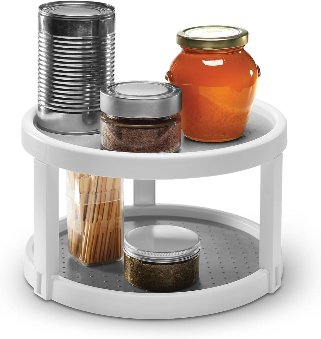 2-Tier Plastic Basic Turntable for Kitchen Organization, Nonslip Lazy Susan Cabinet Organizer with 2 Levels, White
