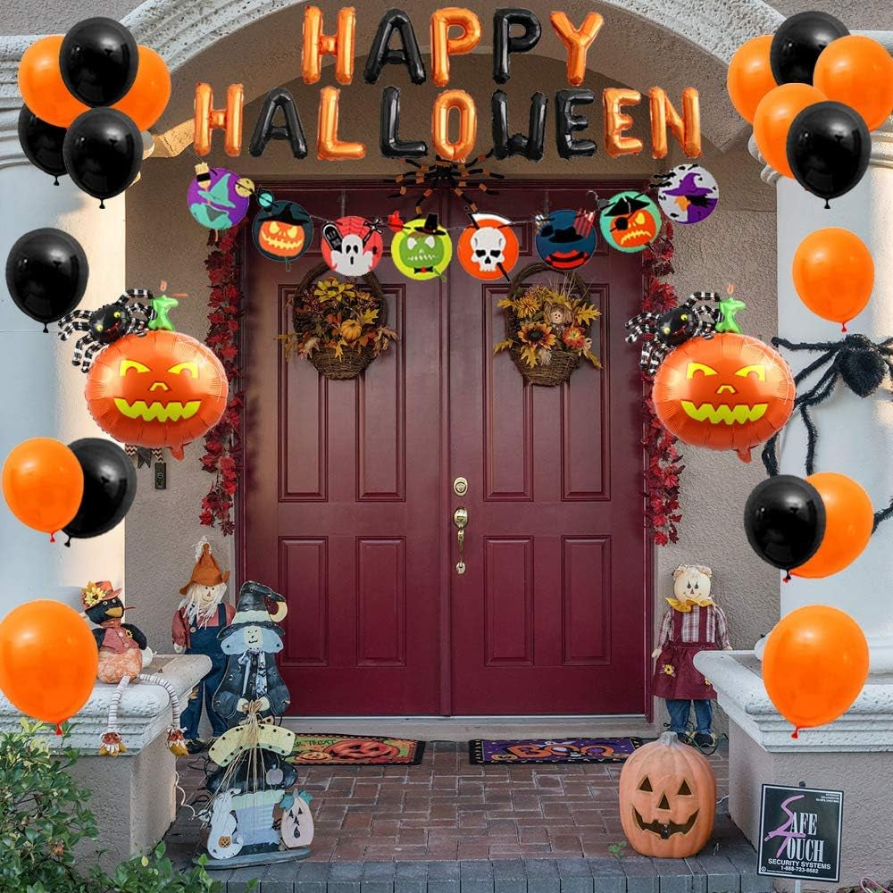 Halloween Party Decorations Include Happy Halloween Banner, Skeleton Pattern Bunting, Latex Balloons, Aluminum Foil Balloons, Bat Pumpkin Spider and Owl Wizard (47Pcs)