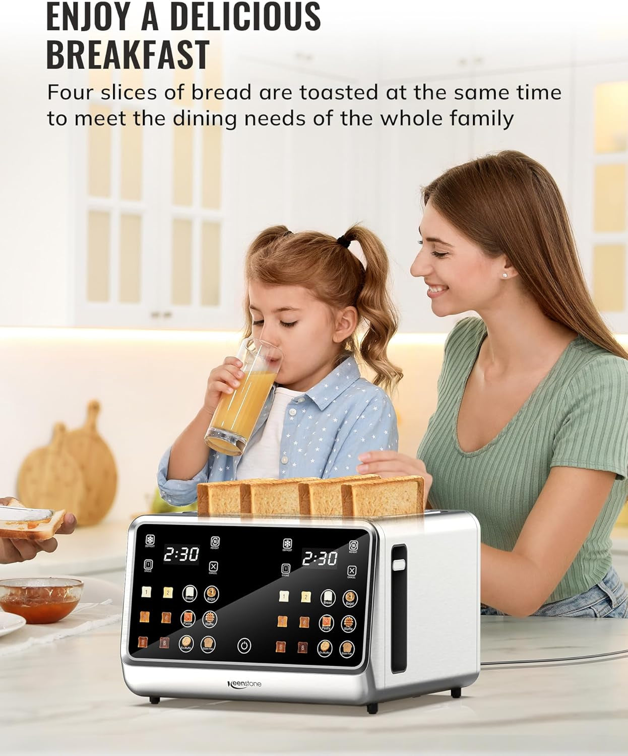 Toaster 4 Slice, Digital Smart Toaster with Touchscreen, Dual Control Panel, Single Slot Toasting, Timer, Reheat & Defrost for Bagels, Bread, Waffles, Stainless Steel Kitchen Essentials