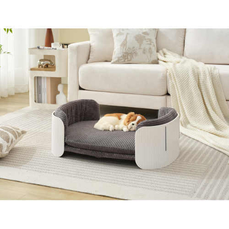 Scandinavian Style Cat Couch Bed, Pet Sofa for Indoor Cats PP Indoor Pet Furniture Elevated Cat Beds with Removable Mattress Cover Suitable for Kitty, Puppy or Small Animal Brand Design White Grey