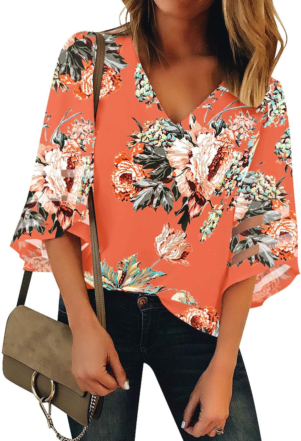 Women'S Casual V Neck Blouse 3/4 Bell Sleeve Mesh Panel Shirts Loose Top