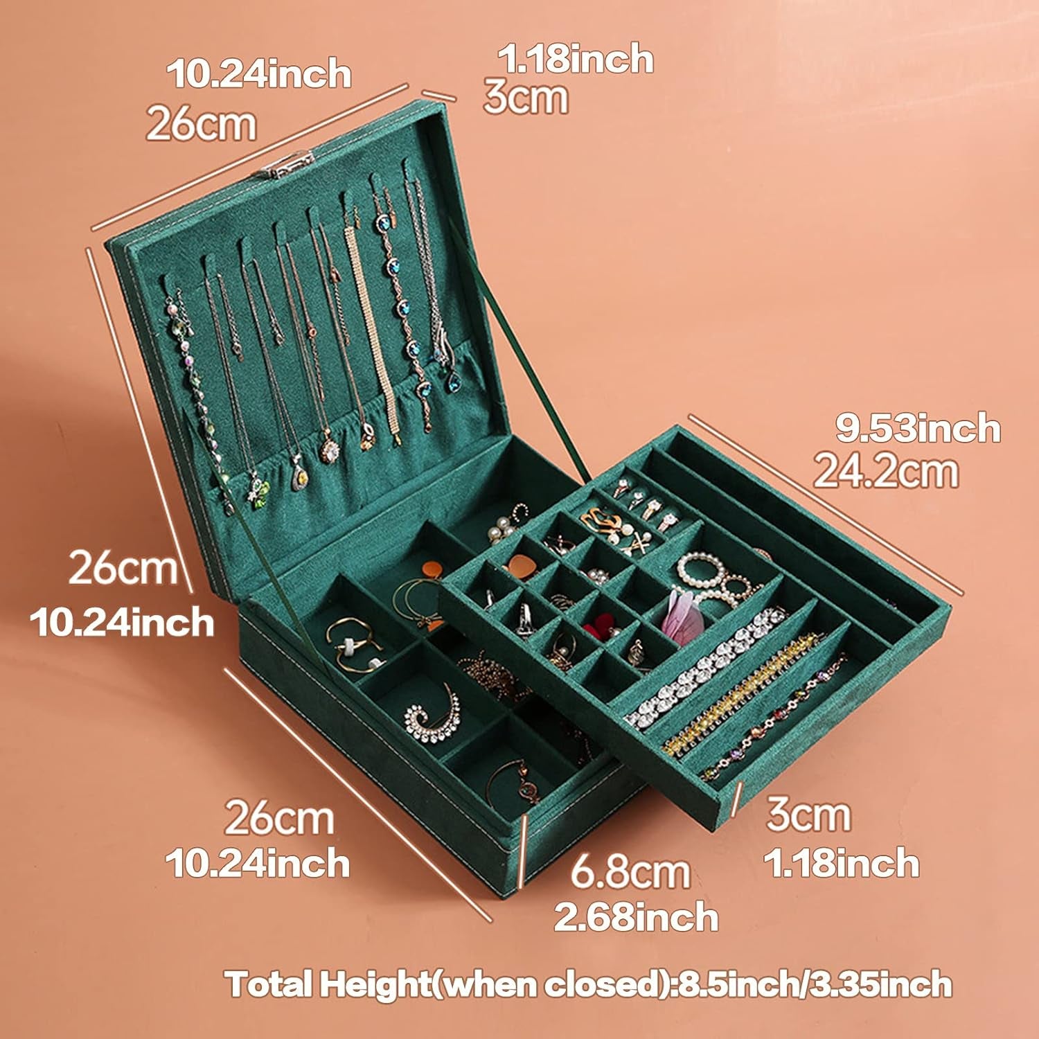 2 Layer Jewelry Box Jewelry Holder Organizer for Necklace Bracelets Rings Watches Storage Case with Lock