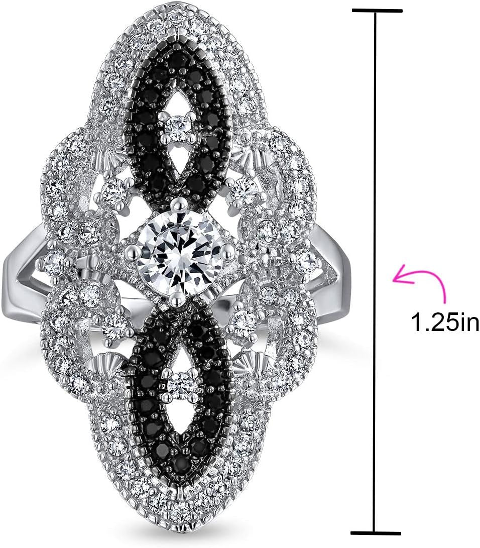 Art Deco Antique Boho Vintage Style Black White Blue Green Filigree Pave CZ Wide Heart Long Full Finger Fashion Statement Ring Cubic Zirconia for Women Rhodium Silver Plated Brass