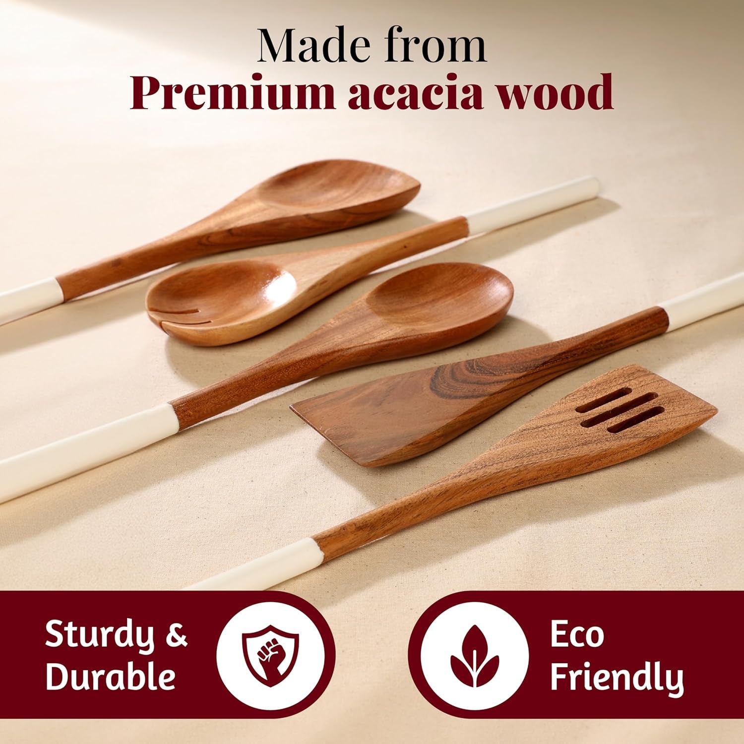 Wooden Spoons for Cooking | 12" Premium Acacia Wooden Utensil Set of 5 - Smooth Finish, Soft Comfort Cooking Utensils Set for Kitchen, Gifts | Non Stick Wooden Cooking Utensils Set of 5
