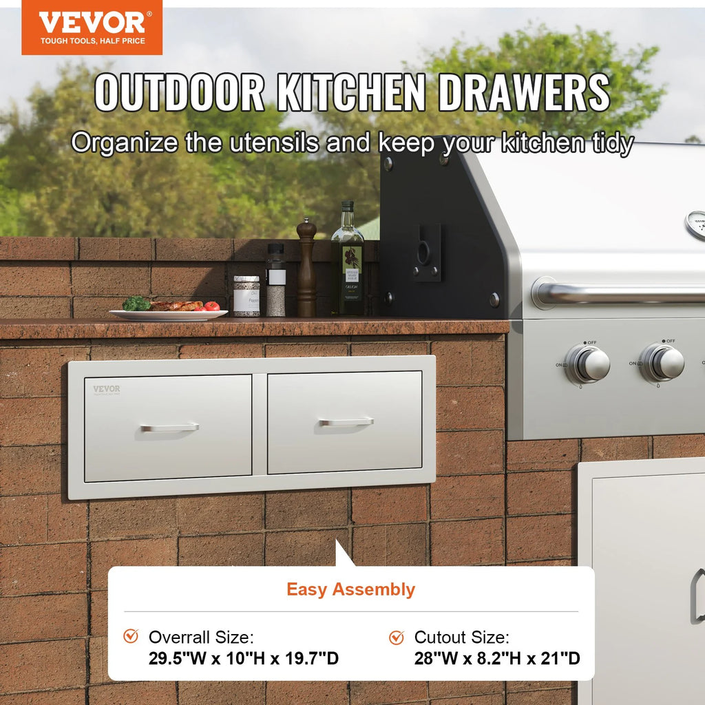VEVOR Outdoor Kitchen Drawers 30 W X 10 H X 20 D, Horizontal Double BBQ Access Drawers Stainless Steel with Handle, BBQ Island Drawers for Outdoor Kitchens or Patio Grill Station