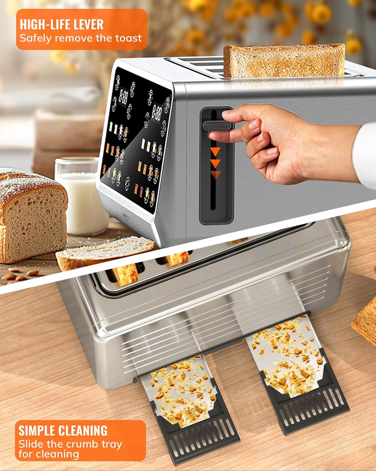 Toaster 4 Slice, Digital Smart Toaster with Touchscreen, Dual Control Panel, Single Slot Toasting, Timer, Reheat & Defrost for Bagels, Bread, Waffles, Stainless Steel Kitchen Essentials