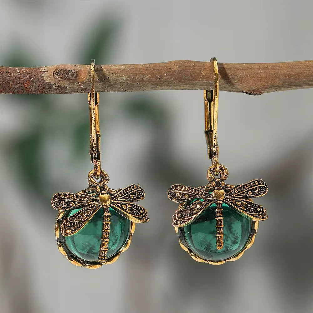 Metal Dragonfly Pendant Earrings Creative Carving Pattern Vintage Drop Earrings Inlaid Moonstone Drop Earrings Women