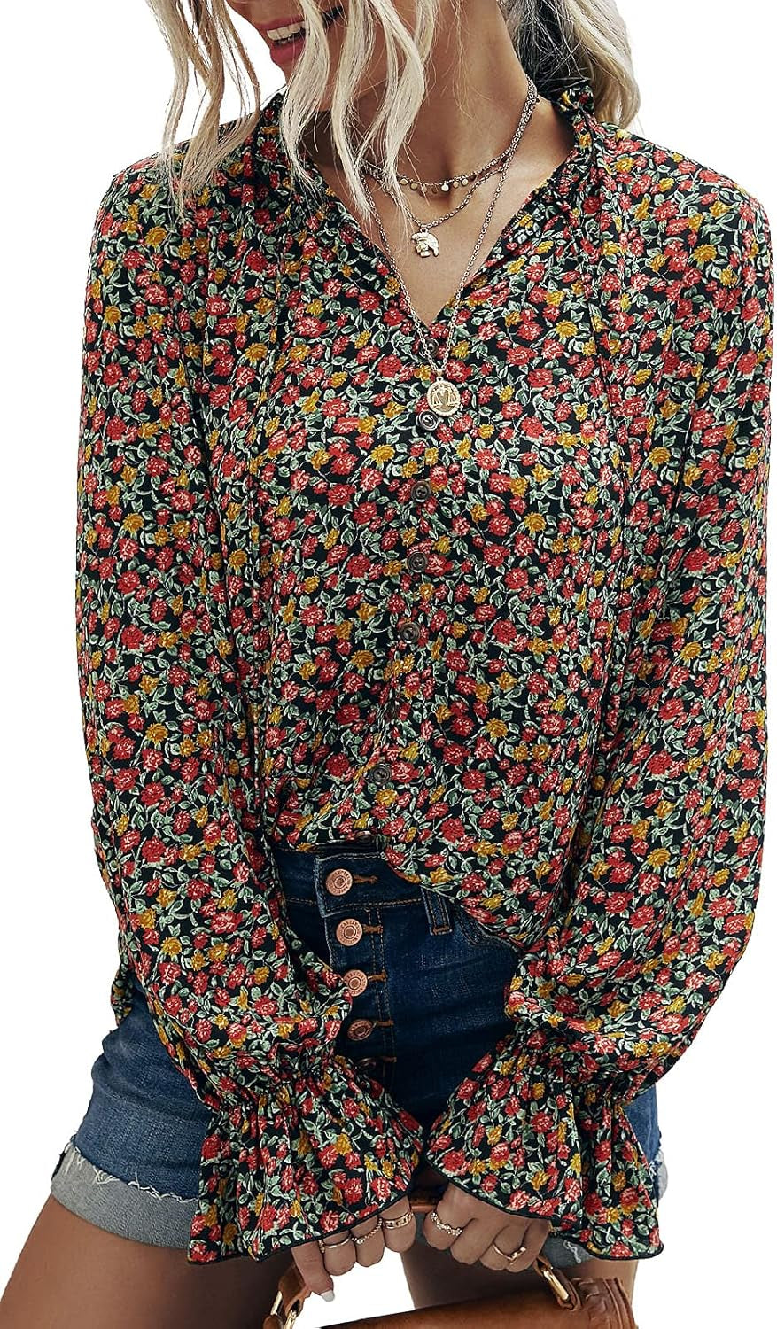 Long Sleeve Blouses for Women Casual Boho Floral Printed V Neck Shirts Button Ruffle Fashion Fall Winter Tops