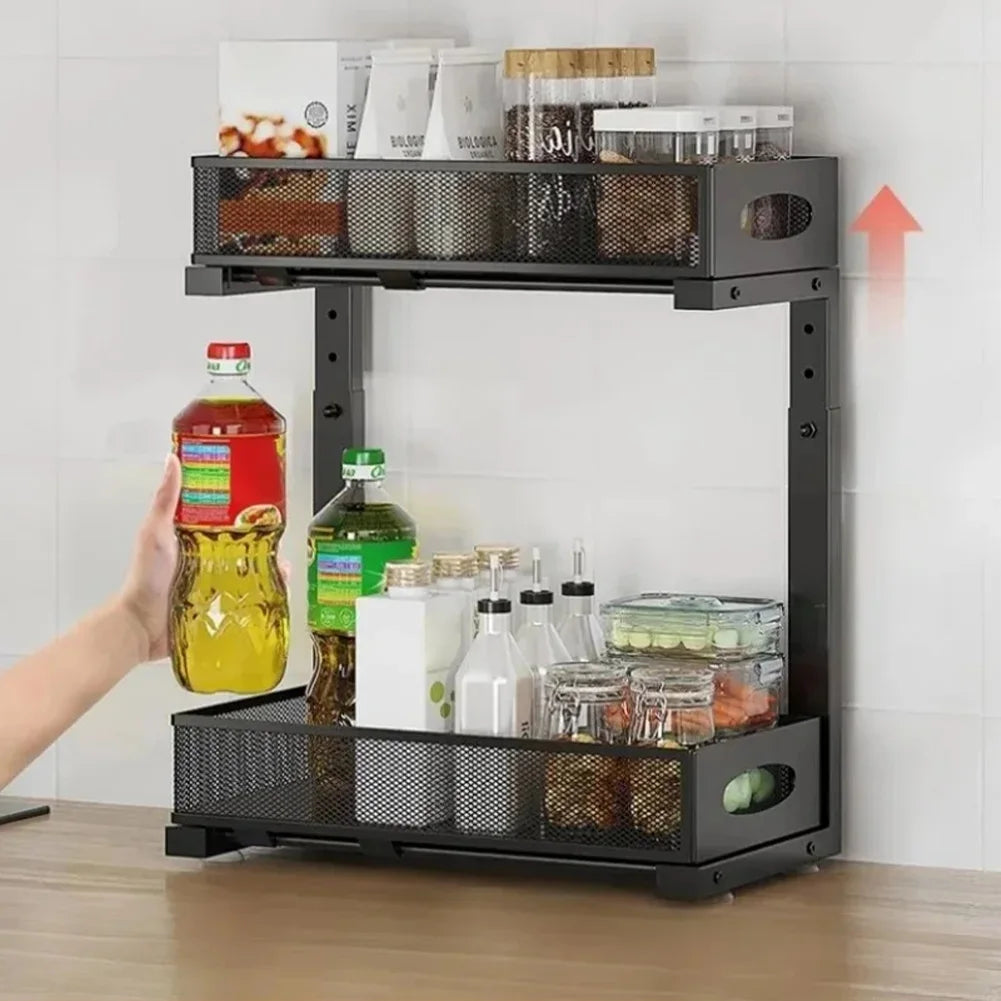 2 Layers Carbon Steel under Sink Storage Pull-Out Drawer Shelf Double-Layer Adjustable under Sink Storage Rack for Layered
