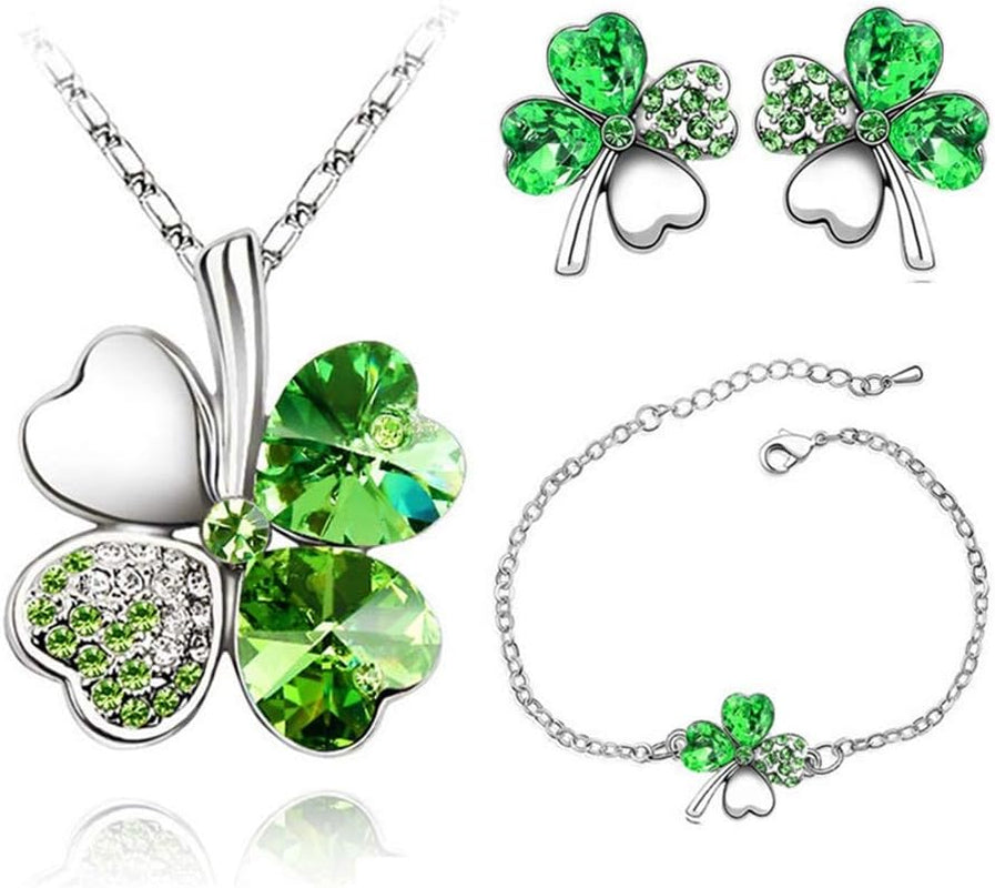 Four Leaf Clovers Jewelry Set, Fashion Austrian Crystal Rhinestone Lucky Four Leaf Clover Necklace Bracelet or Earrings for Women Wedding Party Gift
