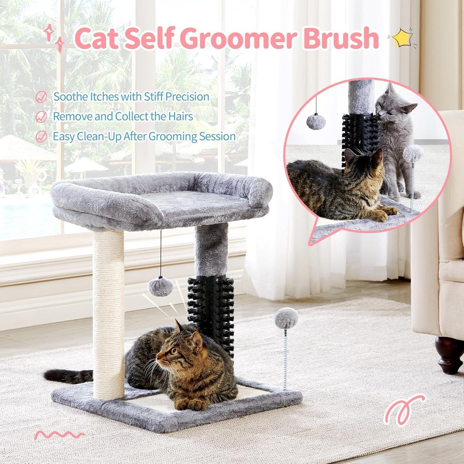 Small 4-In-1 Cat Tree Tower with Self-Grooming Brush and Natural Sisal Scratching Post, Soft Plush Cat Bed and Hanging Ball, Suitable for Indoor Kittens