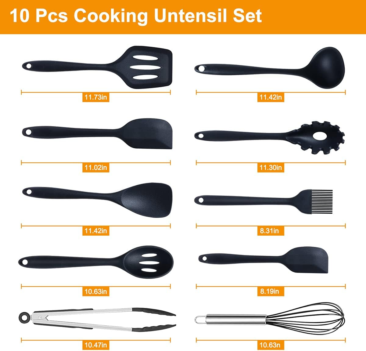 Silicone Cooking Utensils Set， Seamless 10 Pcs Series Black Kitchen Untensils Set without Holder Heat Resistant BPA Free, Silicon Spatula Kitchen Utensils
