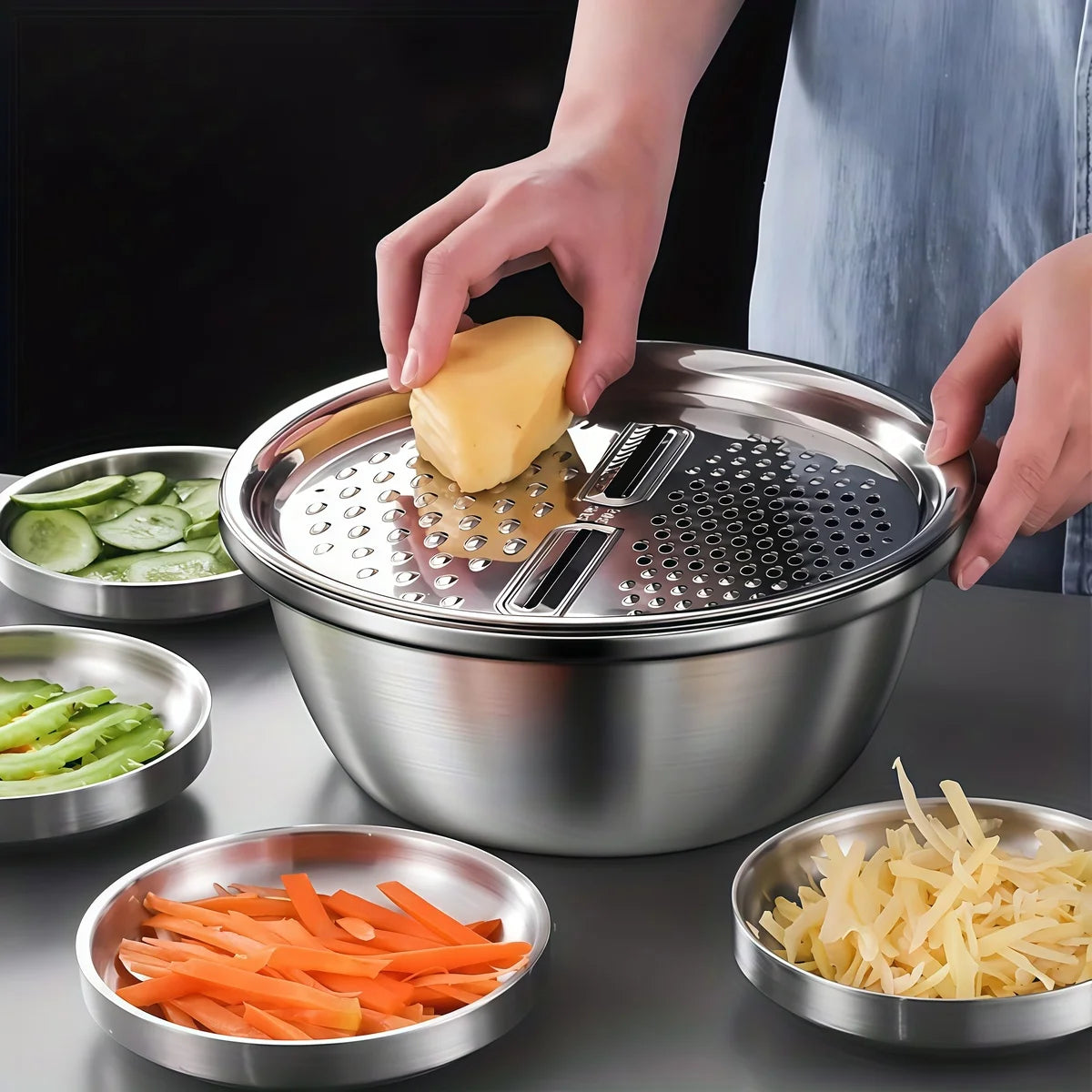 Stainless Steel 3-In-1 Vegetable Strainer Slicer Cutter Graters Drain Basket Salad Maker Bowl Kitchen Accessory Tool