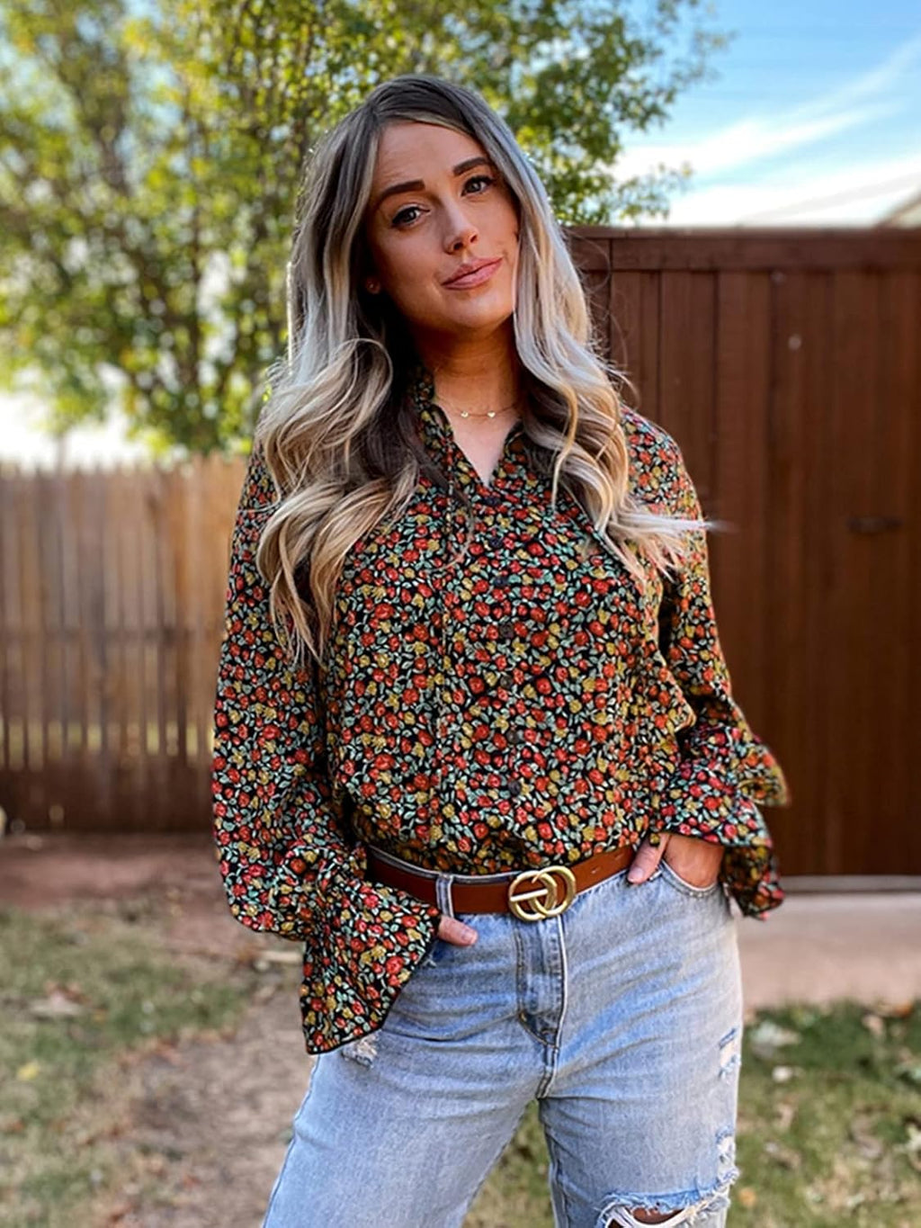 Long Sleeve Blouses for Women Casual Boho Floral Printed V Neck Shirts Button Ruffle Fashion Fall Winter Tops