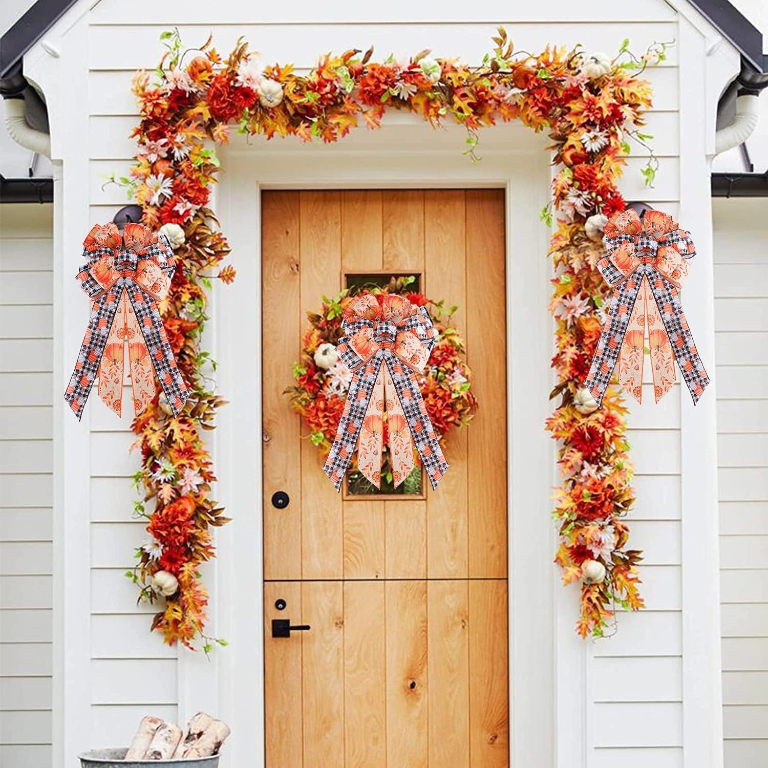 Halloween Wreath Bow Large Topper Bow Orange Pumpkin Pattern Black White Buffalo Plaid Bow Rustic Bowknot Ornaments Decorative Gift Bow for Halloween Party Home Wedding Thanksgiving Party Favor Decor