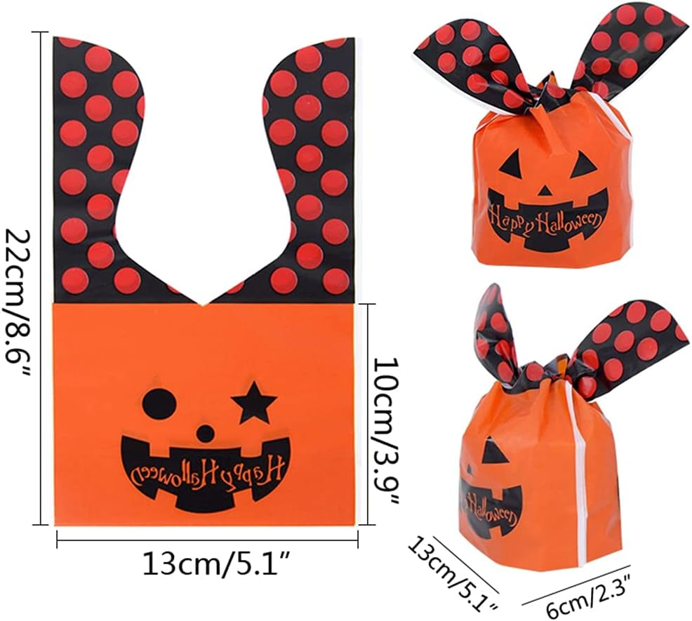 50 Pcs Halloween Candy Bag,Trick or Treat Bags Gift Basket for Kids,Pumpkin Ghost Happy Halloween Cookies Plastic Candy Bags for Halloween Party Decoration Favors