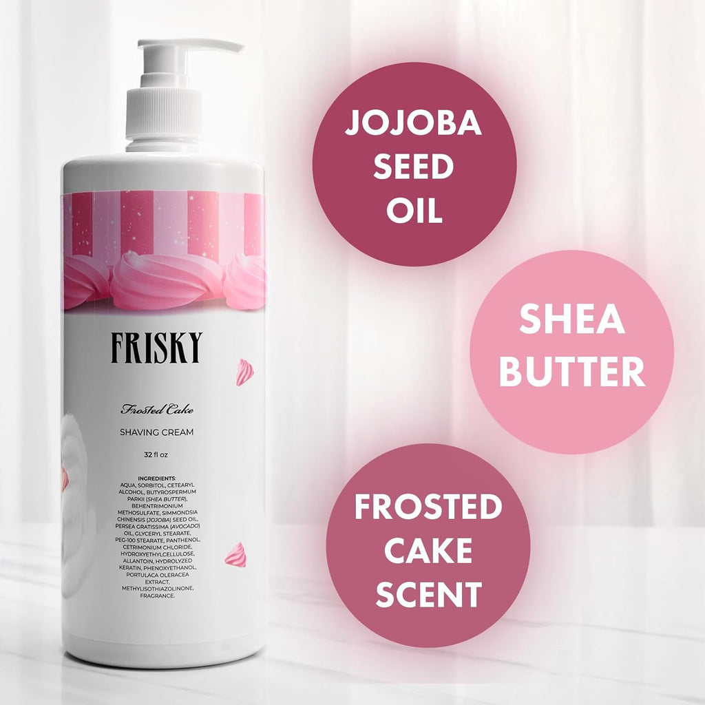Frisky Frosted Cake Shaving Cream for Women, 32 OZ - Rash-Free, Conditioner & Moisturizing with Shea Butter & Jojoba Seed Oil, Vanilla Scent Shave Cream, Sensitive Skin, Bikini, Armpit Body & Face