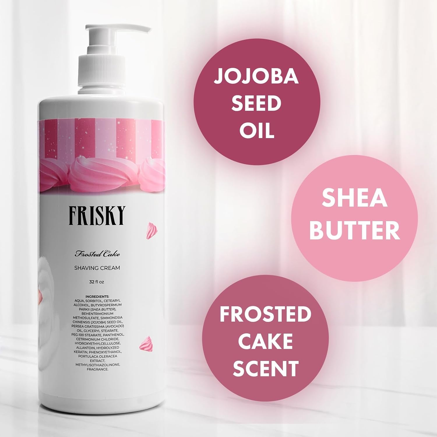 Frisky Frosted Cake Shaving Cream for Women, 32 OZ - Rash-Free, Conditioner & Moisturizing with Shea Butter & Jojoba Seed Oil, Vanilla Scent Shave Cream, Sensitive Skin, Bikini, Armpit Body & Face