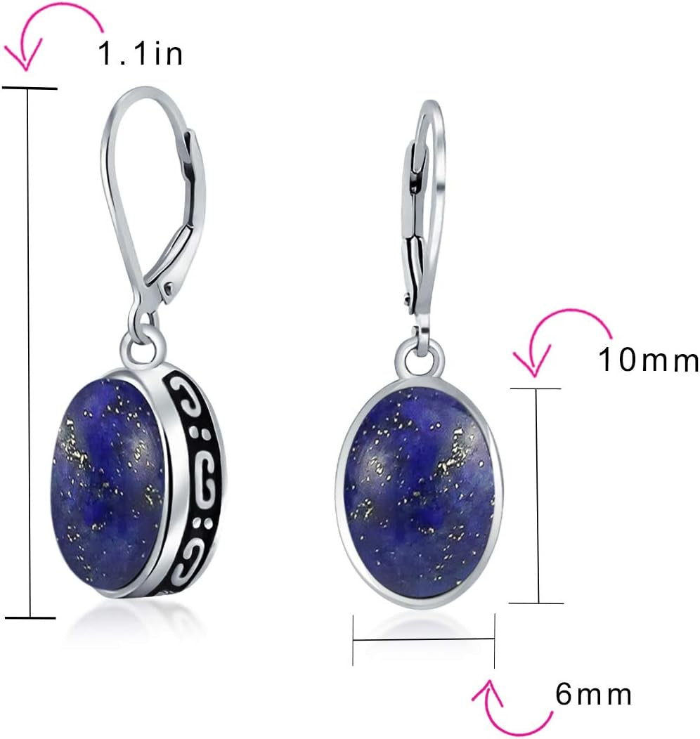 Boho Western Style Gemstone Oval Lever Back Drop Dangle Earrings for Women .925 Sterling Silver Semi Birthstone Colors