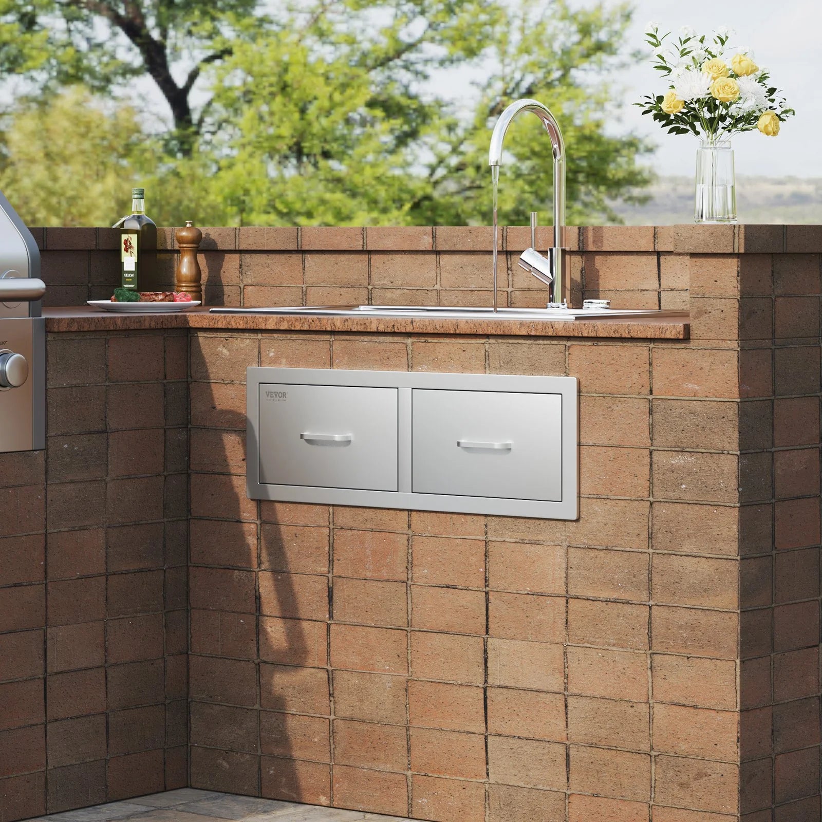 VEVOR Outdoor Kitchen Drawers 30 W X 10 H X 20 D, Horizontal Double BBQ Access Drawers Stainless Steel with Handle, BBQ Island Drawers for Outdoor Kitchens or Patio Grill Station