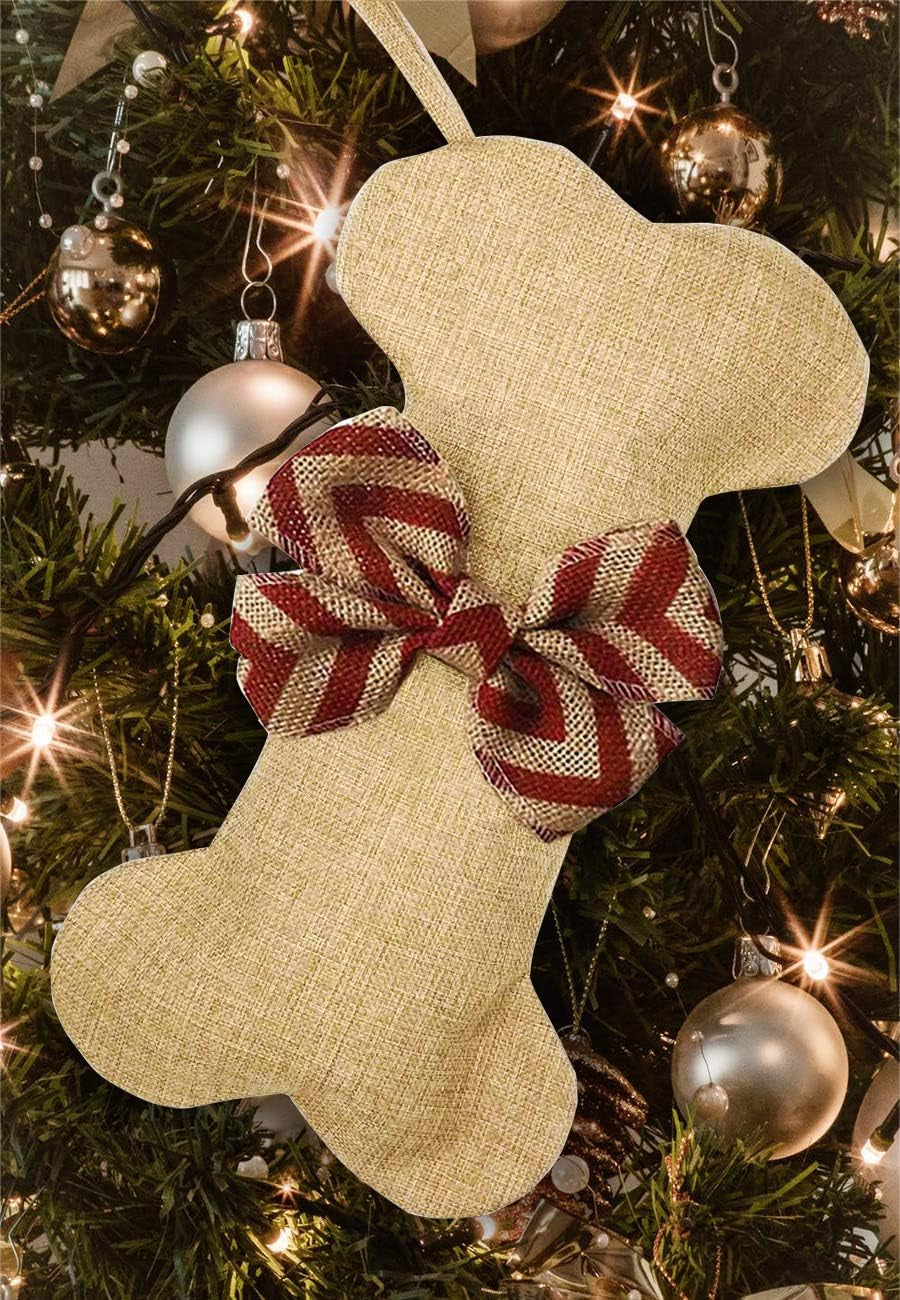 New Linen Large Christmas Stocking for Dogs Cats Pets Jute Natural Burlap Dog Bone Shape Hanging Dog Christmas Stocking
