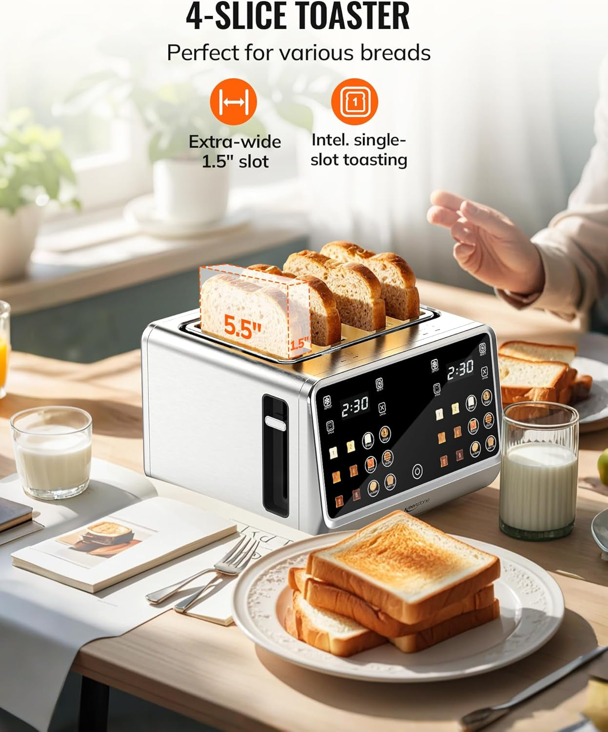 Toaster 4 Slice, Digital Smart Toaster with Touchscreen, Dual Control Panel, Single Slot Toasting, Timer, Reheat & Defrost for Bagels, Bread, Waffles, Stainless Steel Kitchen Essentials