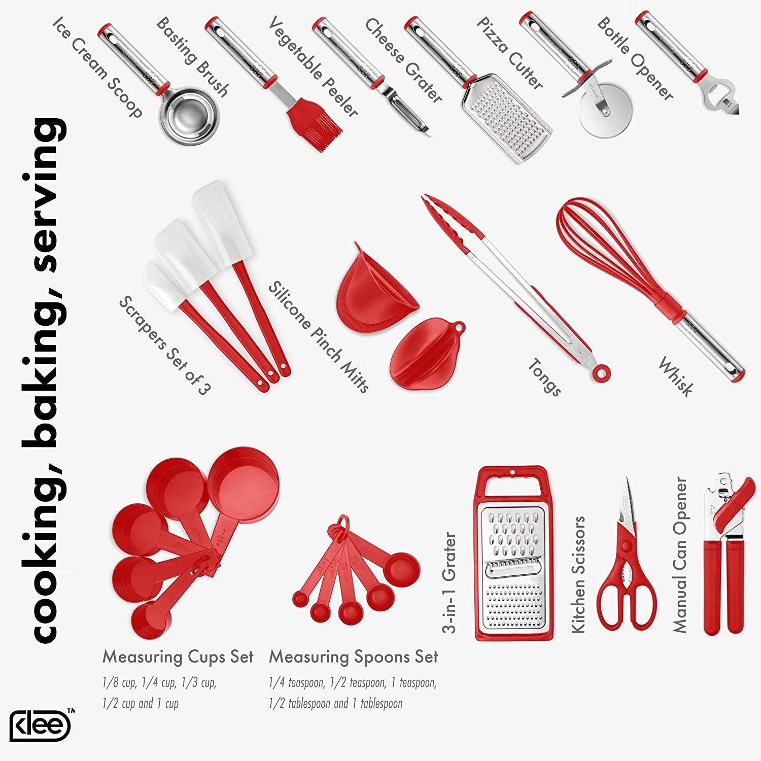 Klee Deluxe 42-Piece Heat-Resistant Stainless Steel and Nylon Kitchen Utensils Set (Red)