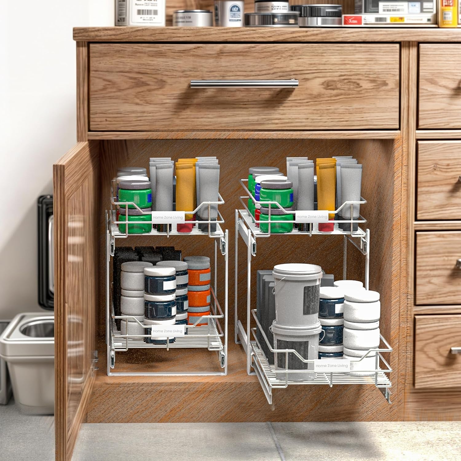 Pull Out Kitchen Cabinet Organizer with Two Tiers of Storage, 11” W X 20” D