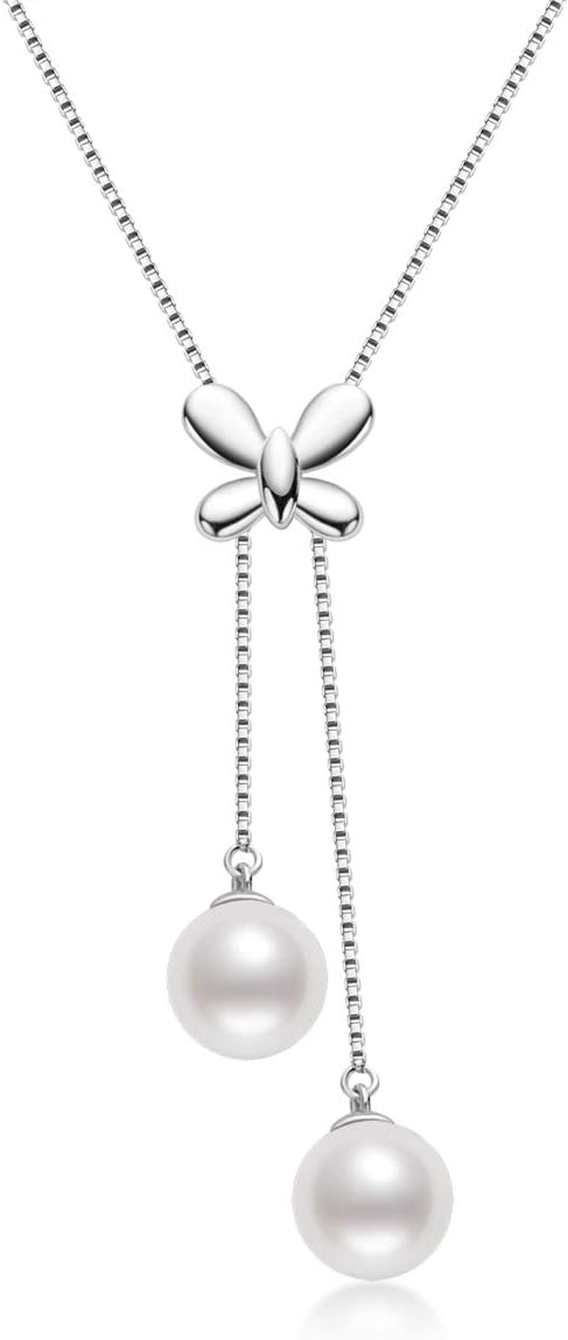 Butterfly Necklace for Women,Freshwater Cultured Drop Pearl Pendant Sterling Silver Chain Jewelry Gift for Mom Mama Mother Day(Size:7-8Mm)