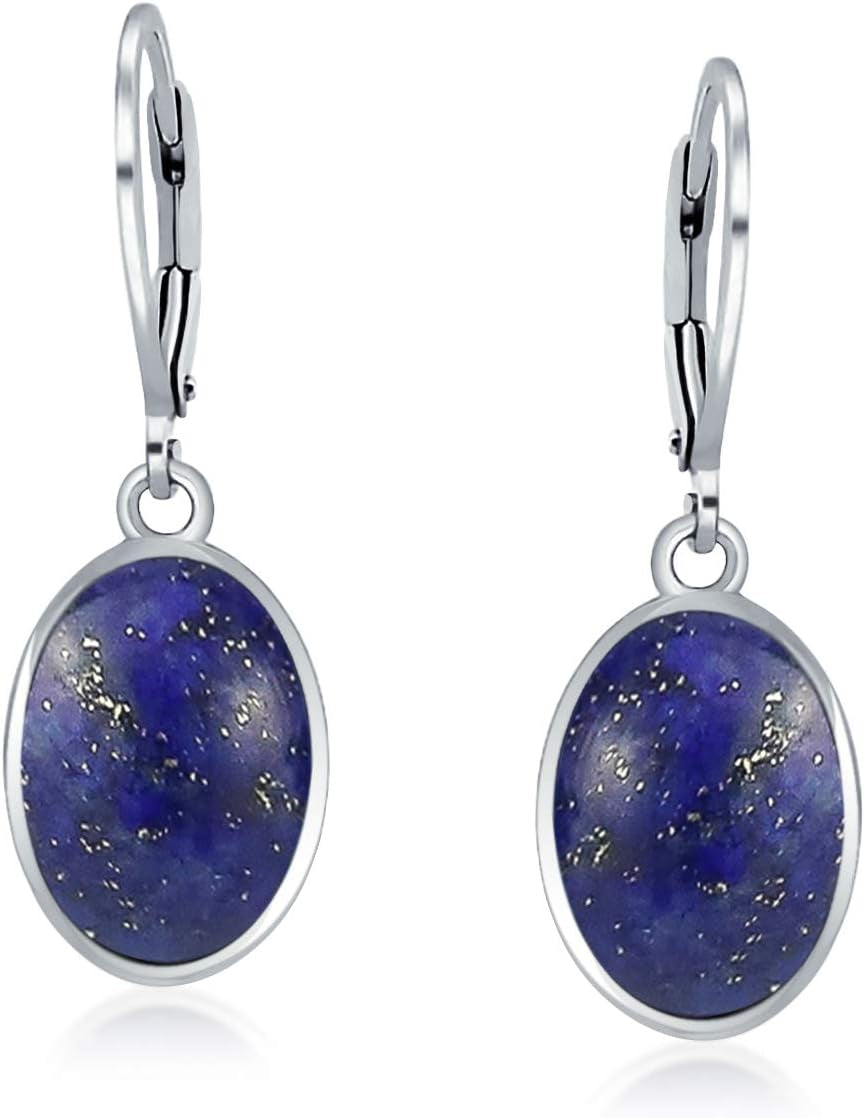 Boho Western Style Gemstone Oval Lever Back Drop Dangle Earrings for Women .925 Sterling Silver Semi Birthstone Colors
