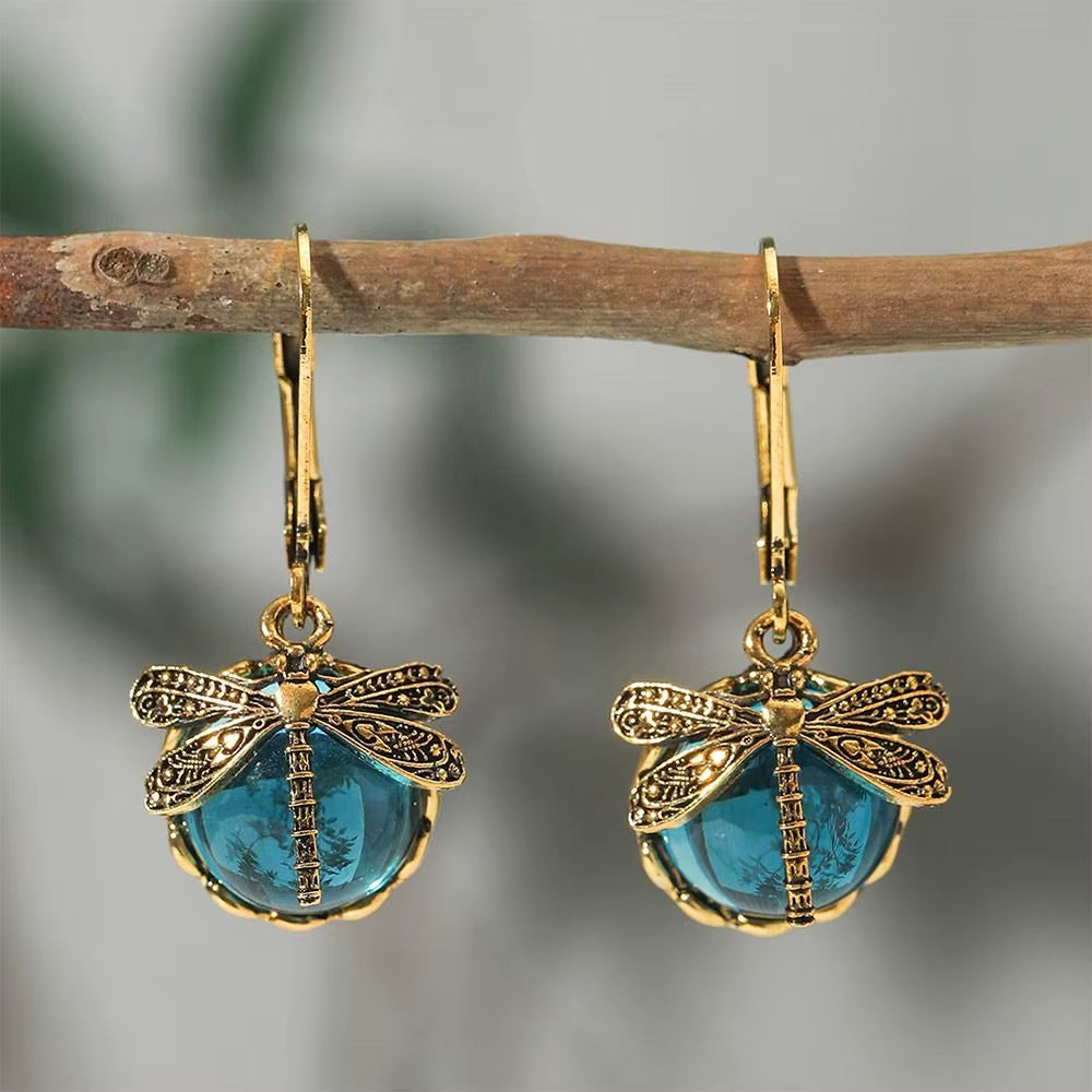 Metal Dragonfly Pendant Earrings Creative Carving Pattern Vintage Drop Earrings Inlaid Moonstone Drop Earrings Women