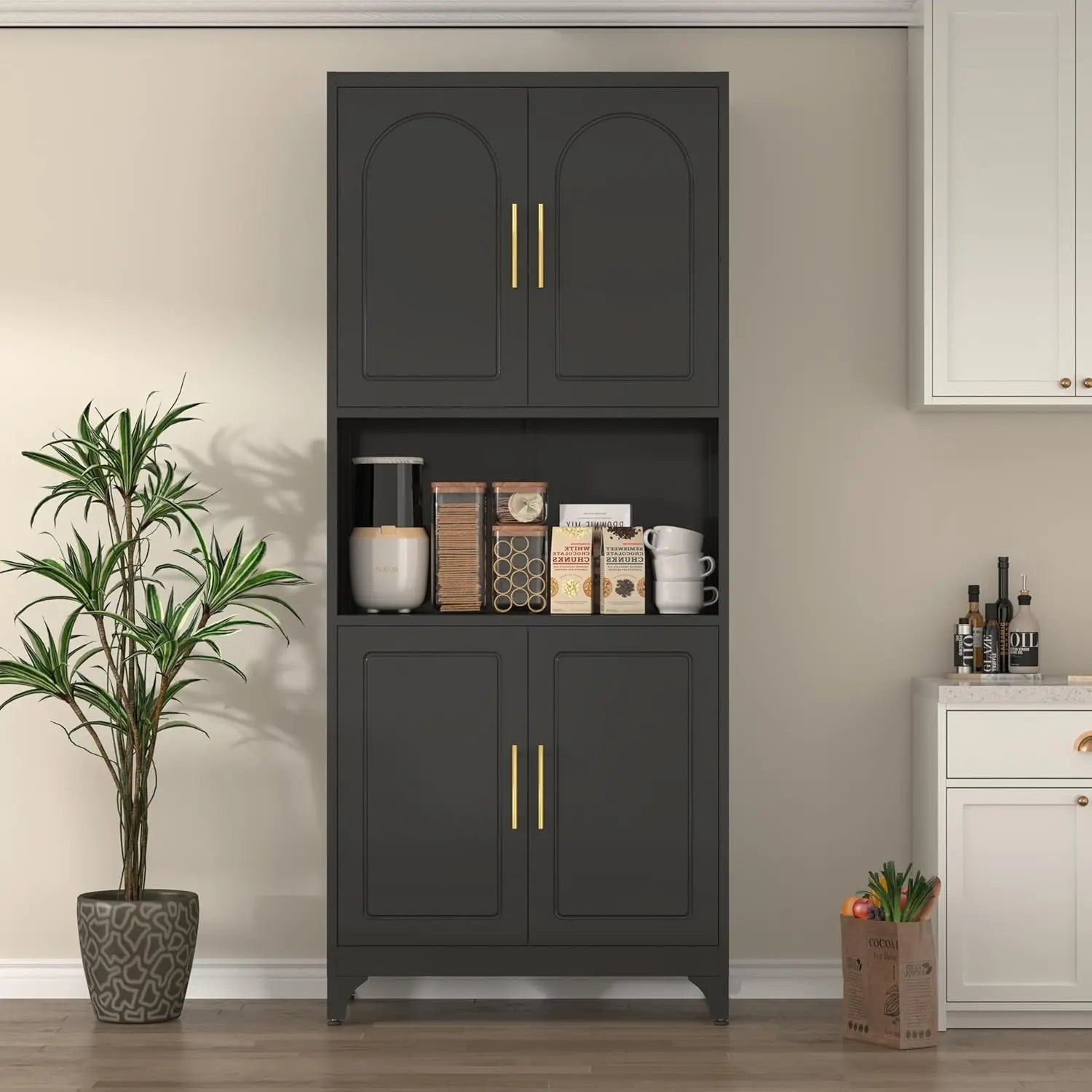 Kitchen Pantry Cabinet, 75" H Kitchen Hutch with Microwave Stand, Food Cupboard with Countertop, Metal Storage Cabinet with Door