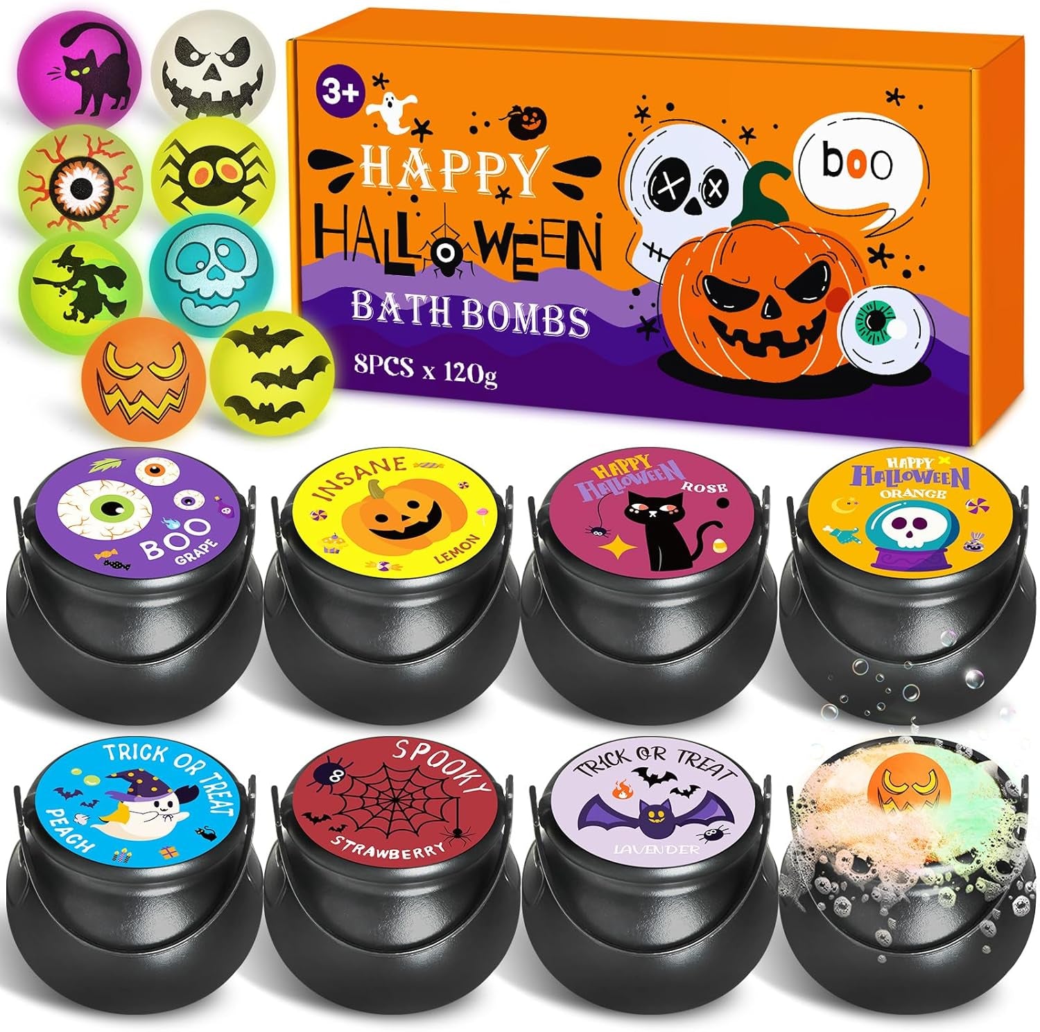 Halloween Witch Cauldron Themed Bath Bomb with Squishy Toy, 8 Packs Bubble Kids Bath Bombs, Black