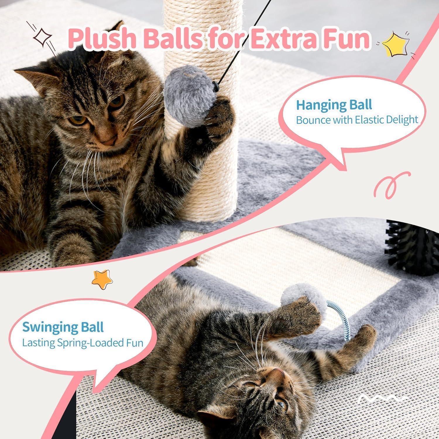 Small 4-In-1 Cat Tree Tower with Self-Grooming Brush and Natural Sisal Scratching Post, Soft Plush Cat Bed and Hanging Ball, Suitable for Indoor Kittens