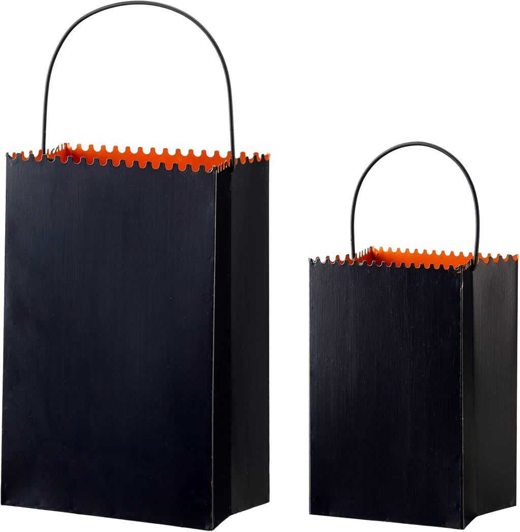 2 Pack Halloween Metal Trick or Treat Bucket, Halloween Decorative Lantern Candle Holder Table Ornament for Porch Sign Home
