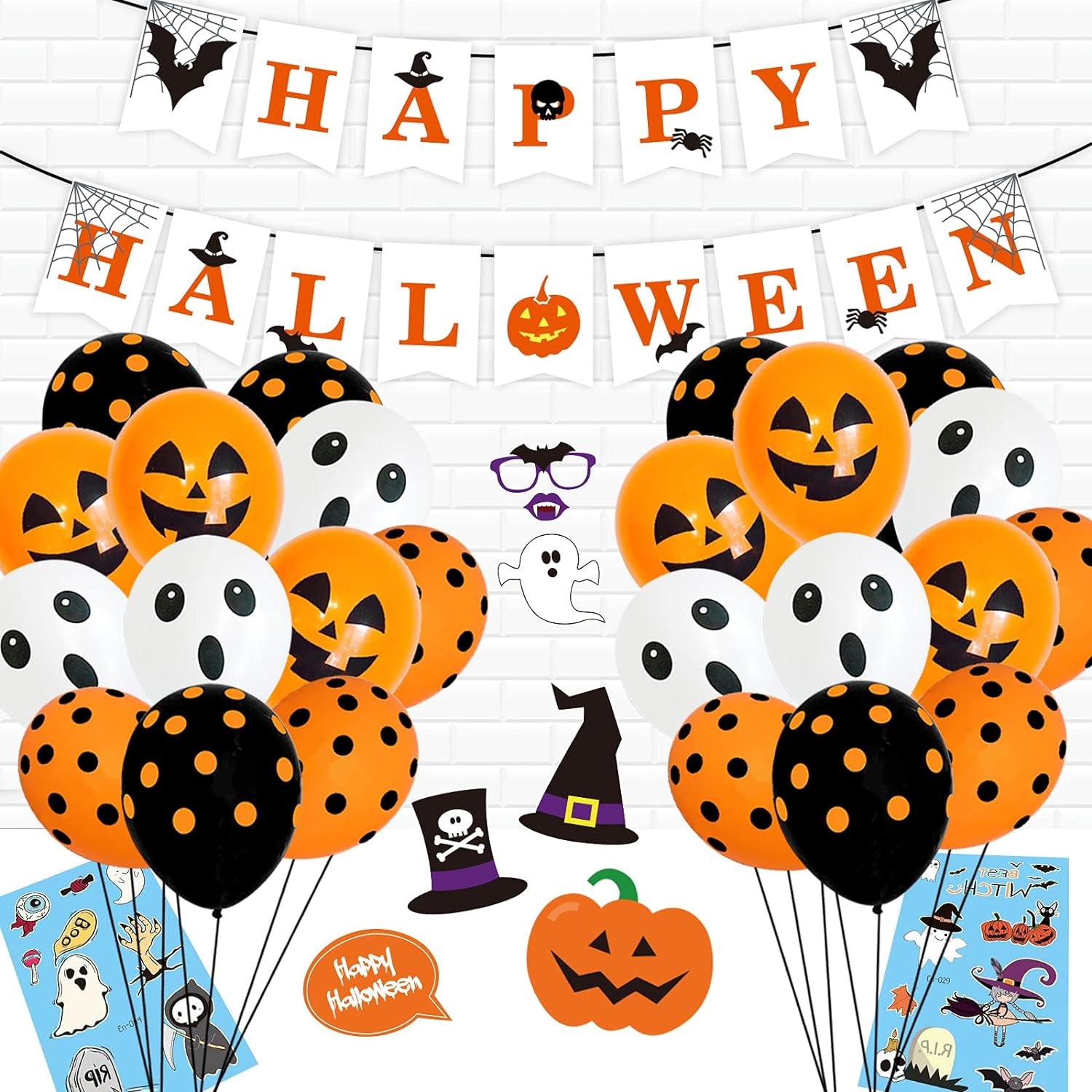 54Pcs Halloween Party Balloons Decorations, 12 Inch Black Orange White Balloons with Photo Prop for Kids Halloween Theme Party Background Classroom Decorations …