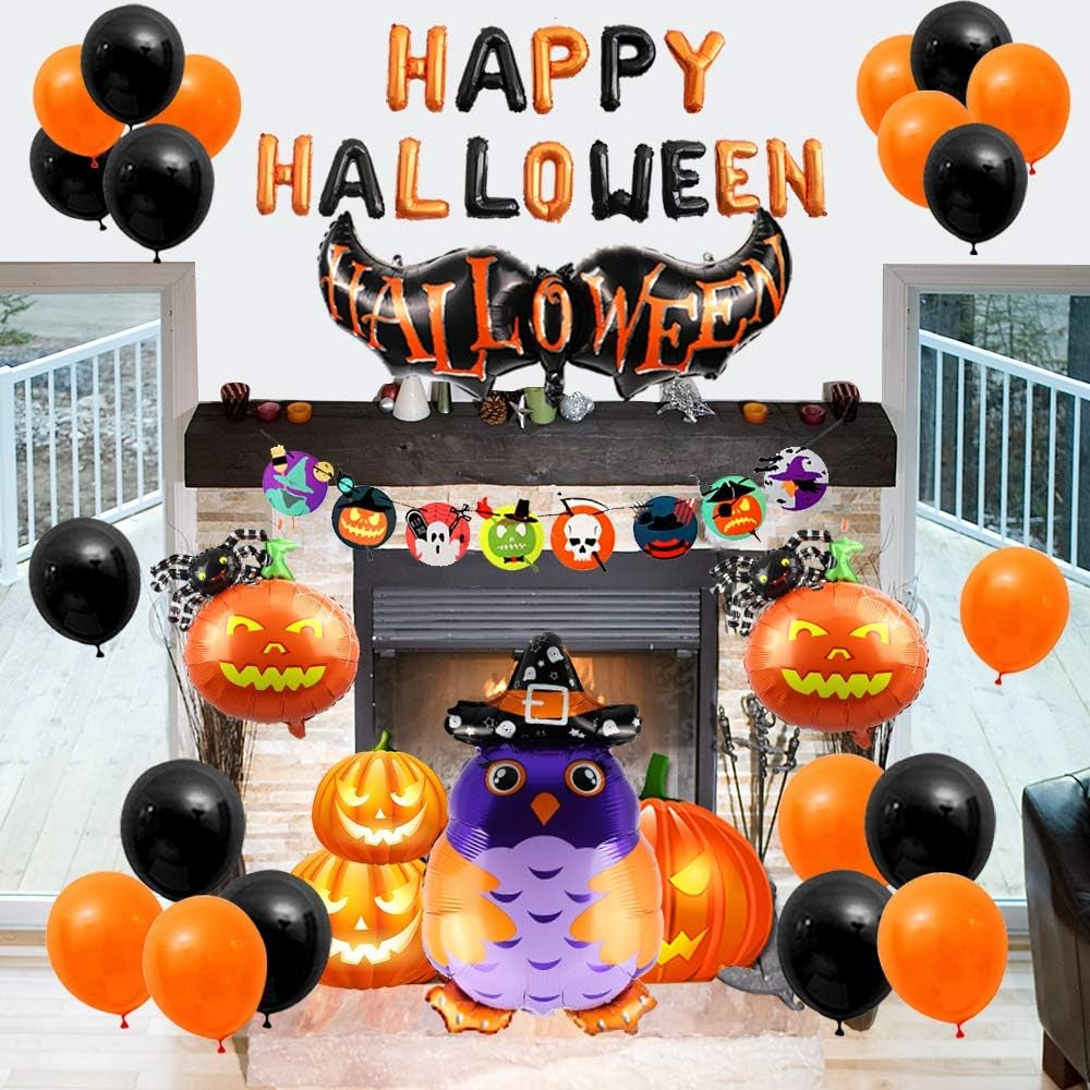 Halloween Party Decorations Include Happy Halloween Banner, Skeleton Pattern Bunting, Latex Balloons, Aluminum Foil Balloons, Bat Pumpkin Spider and Owl Wizard (47Pcs)