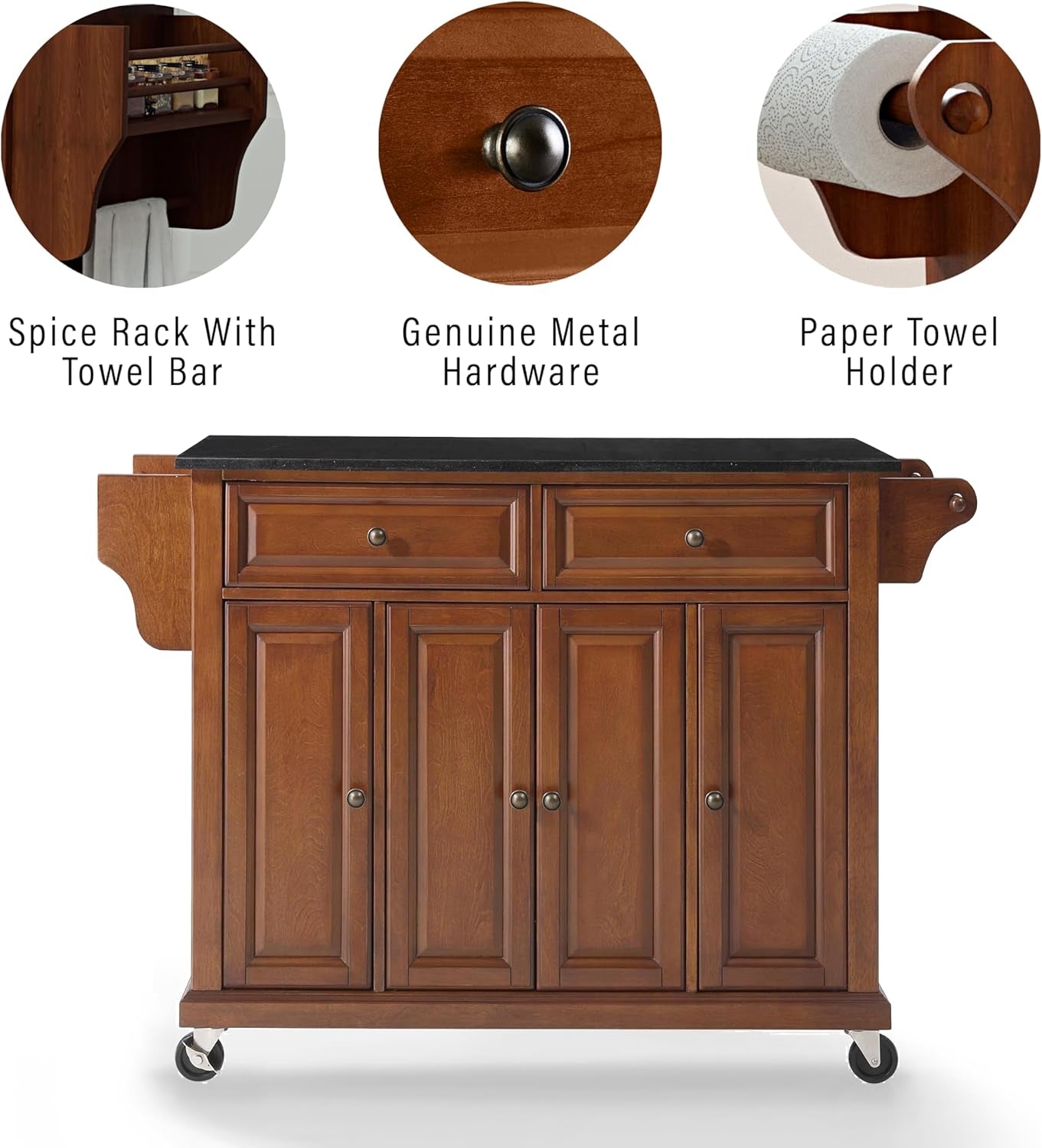 Full Size Granite Top Rolling Kitchen Island Storage Cart, Microwave Stand, Spice Rack, Cherry