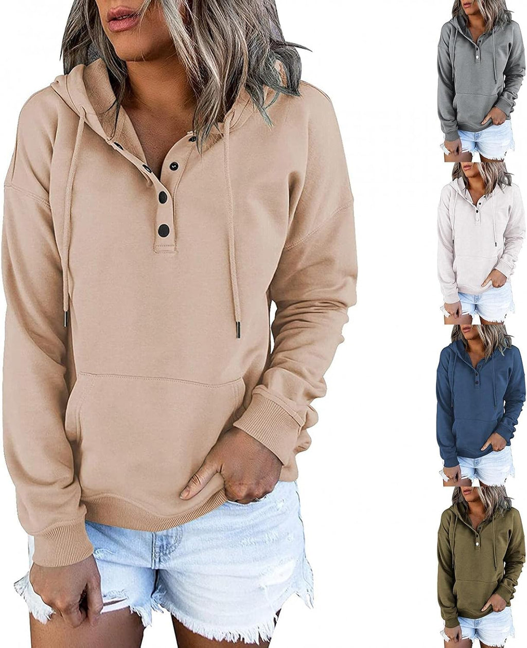 Hoodies for Women Pullover Graphic, Womens Sweatshirt with Pockets Solid Color Casual Long Sleeve Drawstring Pullover Tops Blouse Fall Gray