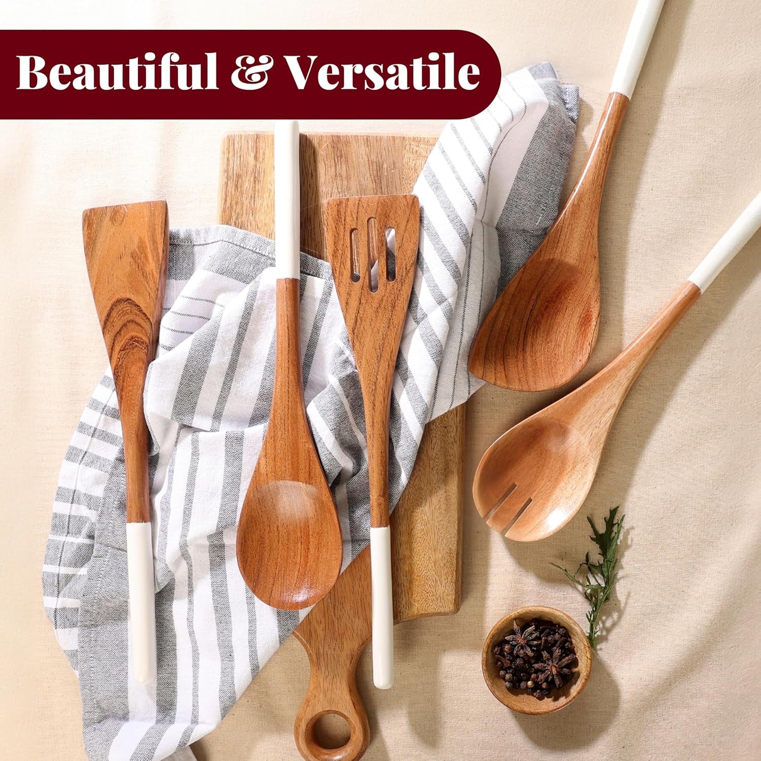 Wooden Spoons for Cooking | 12" Premium Acacia Wooden Utensil Set of 5 - Smooth Finish, Soft Comfort Cooking Utensils Set for Kitchen, Gifts | Non Stick Wooden Cooking Utensils Set of 5